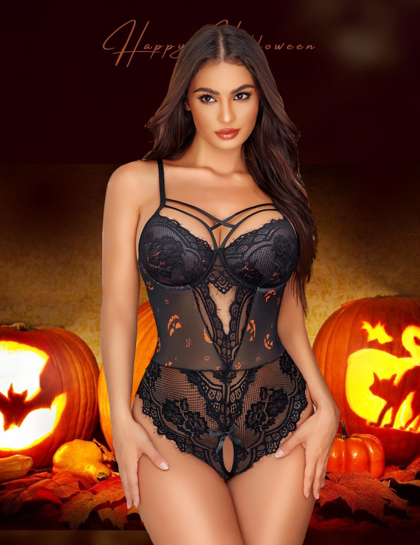 Avidlove Women Lingerie Floral Lace Harness Lingerie Bodysuit One Piece Teddy Babydoll Nightgown: Pumpkin Face XX-Large