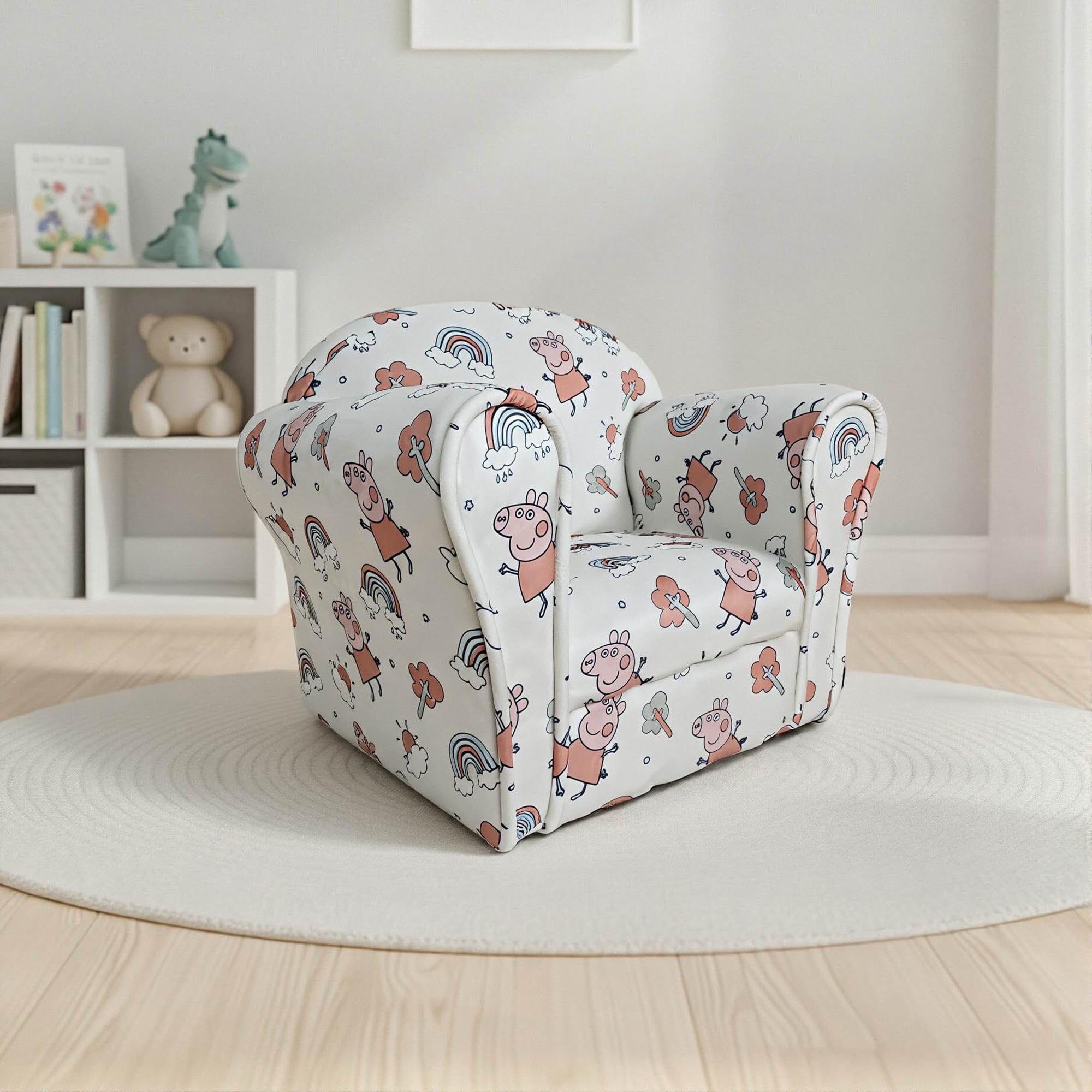 Kidsaw Kids Peppa Pig Themed Children's Armchair Toddler Chair - Wood Frame - Thick Padding - Soft Upholstered Toddler Seating for Bedroom or Playroom (Peppa Pig White)