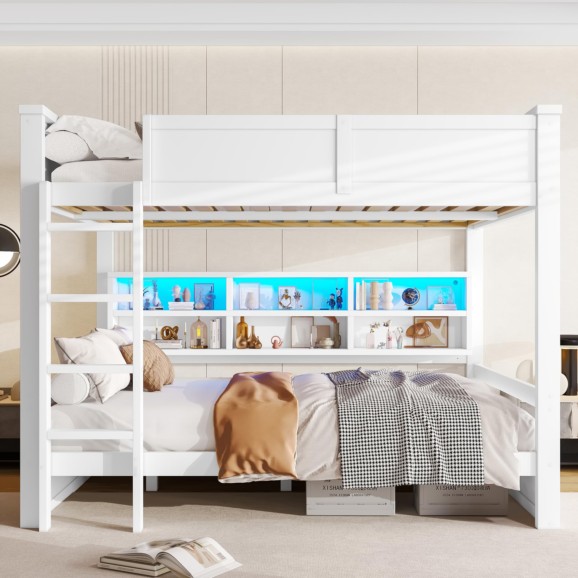 Letto a Castello 160x200 con Scaffali Portaoggetti e illuminazione a LED, Letto Matrimoniale con Rete a Doghe in legno, Protezione anticaduta, Strutture per letti per Bambini e Ragazzi(Senza Materasso