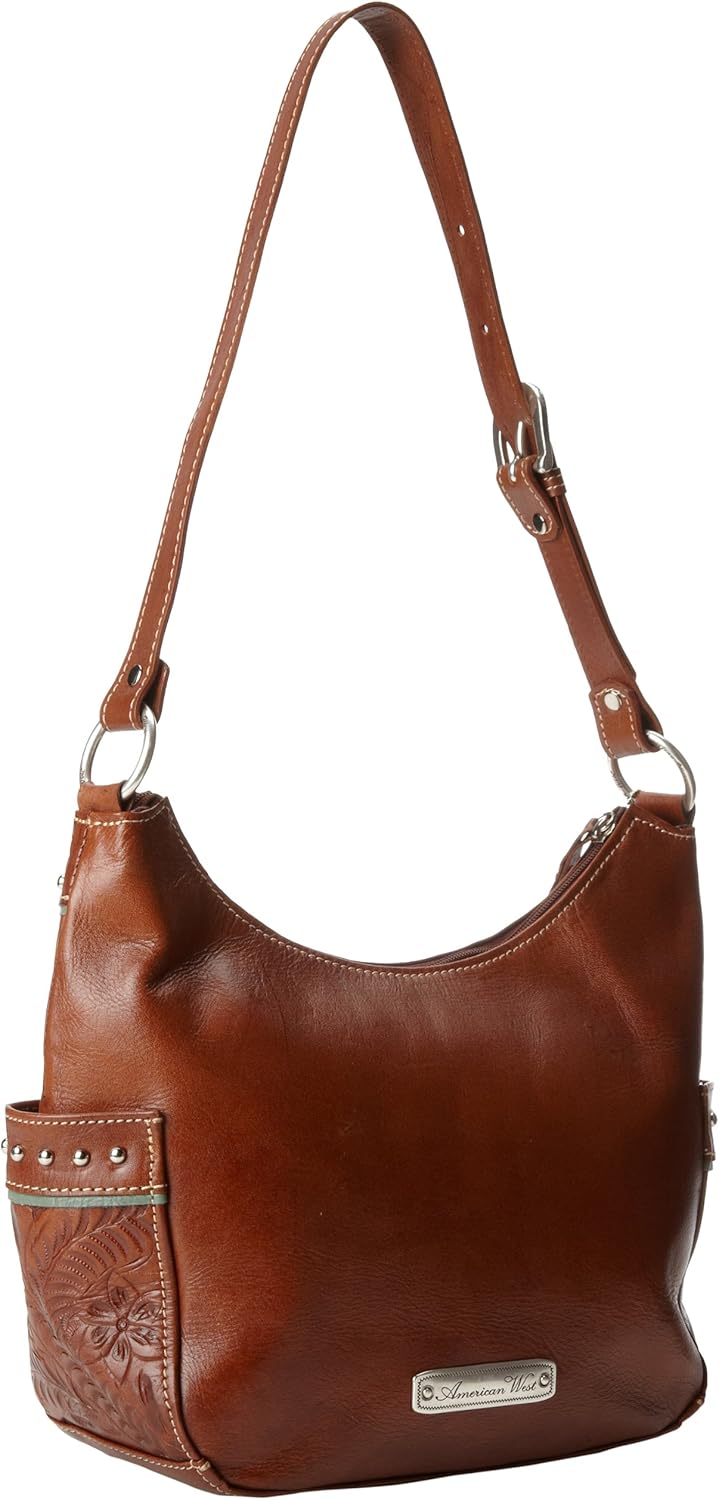 American West Womens Lady Lace 9.5in Hobo Medium Brown Leather Handbag Bag