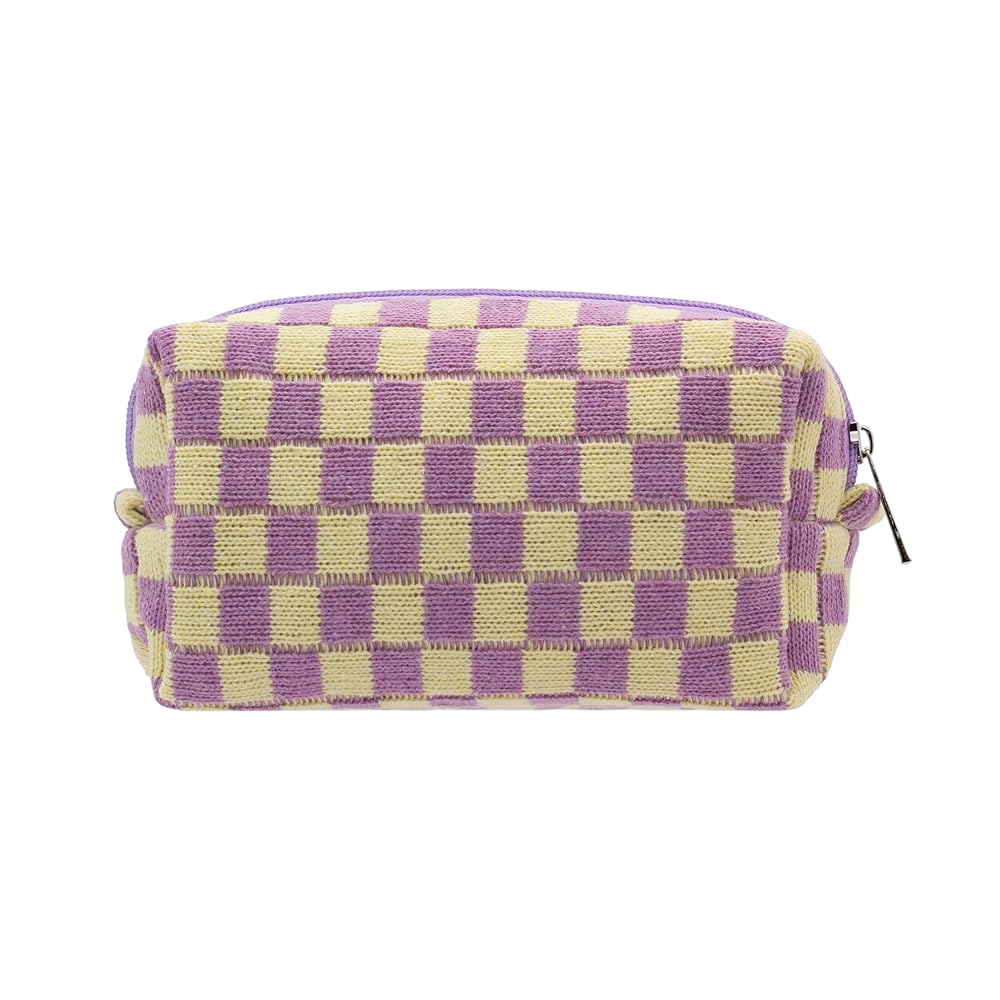 PAZIMIIK Checkered Makeup Bag for Purse Portable Zipper Make Up Pouch Small Cosmetic Case for Travel Accessories (Purple)