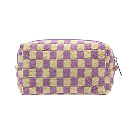 PAZIMIIK Checkered Makeup Bag for Purse Portable Zipper Make Up Pouch Small Cosmetic Case for Travel Accessories (Purple)