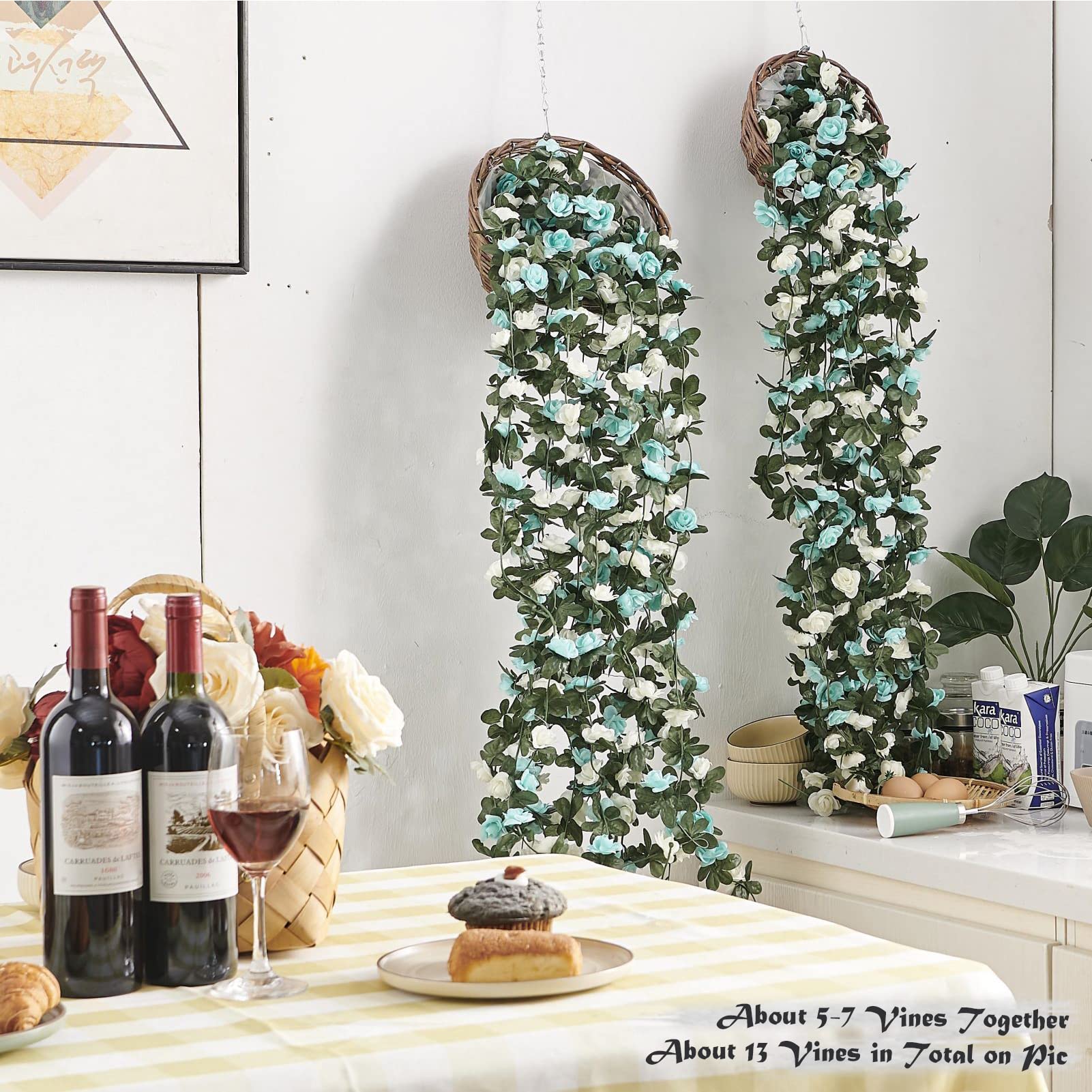 6 Stück 49 Fuß Blumengirlande, künstliche Rosenranken mit grünen Blättern, hängende künstliche Rosenranken für Zimmer, Jahrestag, Hochzeit, Geburtstag, Weihnachten, Wandbogen-Dekor, weiß-blaue Blume