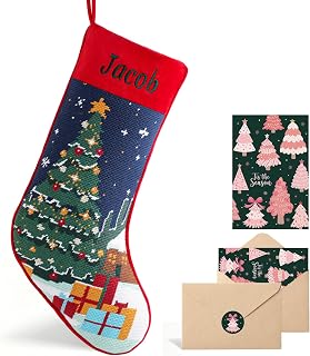 Personalized Needlepoint Christmas Stockings with Embroidered Name,Soft Velvet Cuff and Stitched Needlepoint Christmas Tree Panel,18in Vintage Xmas Stockings for Family & Christmas Decor