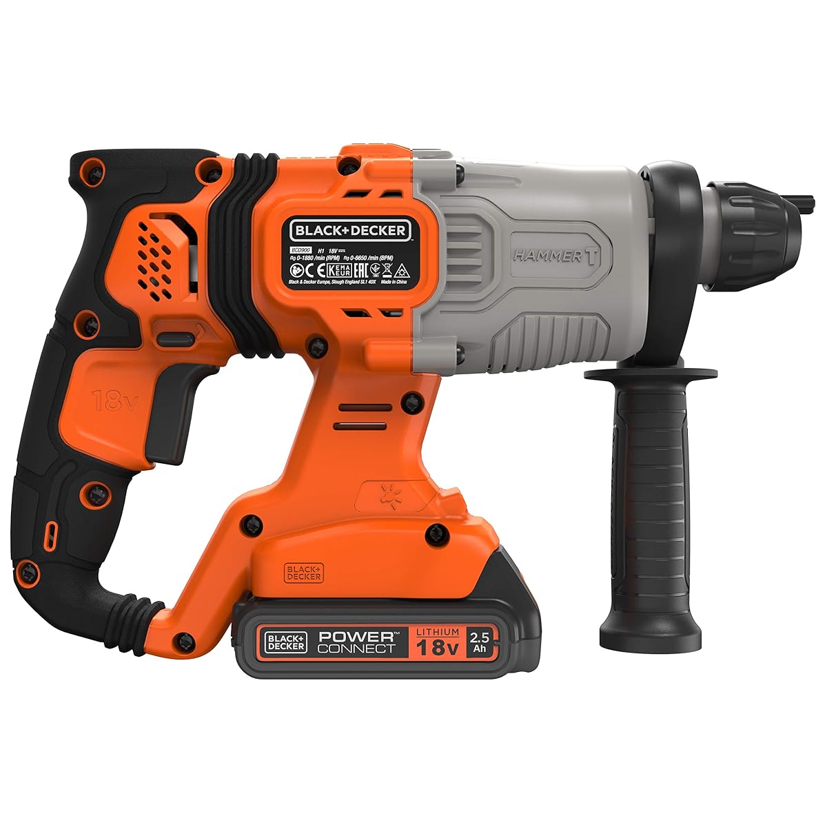 BLACK & DECKER Solidny Młotek sds-Plus 18v 3 modos 1,2j, velocidad 0-1.880 rpm, impactos 0-6.650 ipm. incluye 2 akumulators 2,5ah litio, ładowarka 1a, adapter do wiertło dla podróżujących 18v 13mm