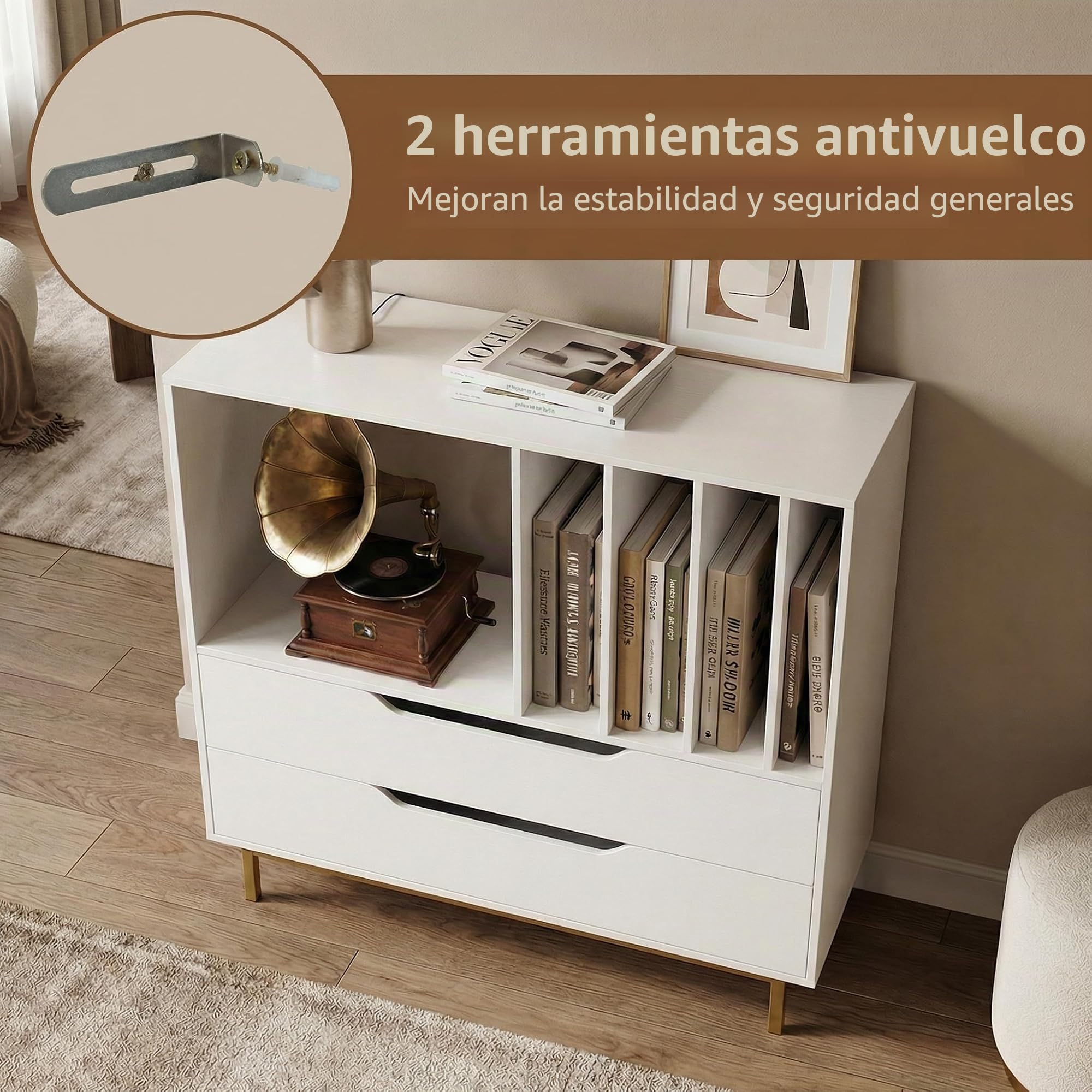 KOMFOTTEU Mueble para Tocadiscos con Compartimento Abierto y 2 Cajones, Soporte de Discos de Vinilo con Patas de Metal, Expositor para Discos para Dormitorio, Salón, Estudio, 91 x 36 x 87 cm (Blanco)