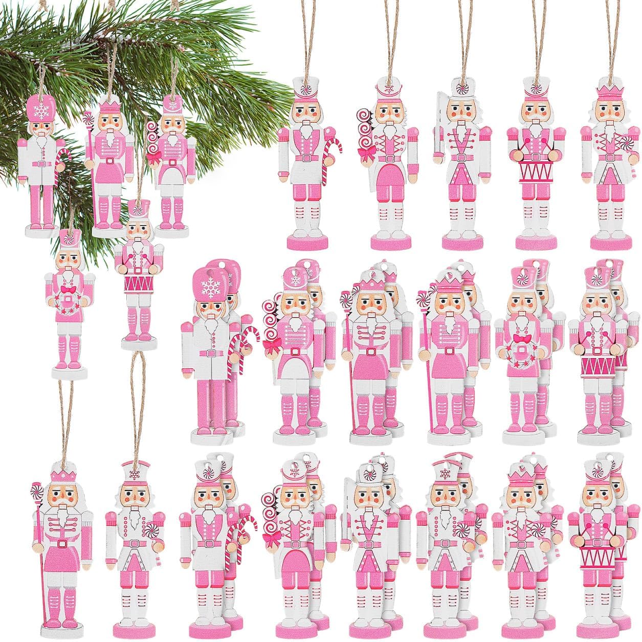 VOSAREA 36pcs Pink Nutcracker Christmas Ornaments Wood Christmas Crafts Mini Wooden Xmas Soldier Hanging Nutcrackers Slices Pendants Ornament Festivval Party Favor