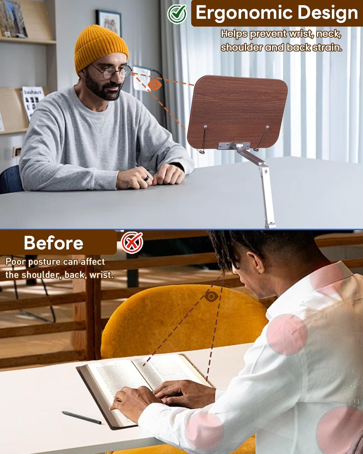 ASIEIT Book Stand with Clamp, Book Holder Adjustable Height & Angle, Cookbook Stand for Kitchen, Recipe Book Holder with 360° Swivel Base, Book Stand for Reading, Office, Laptop