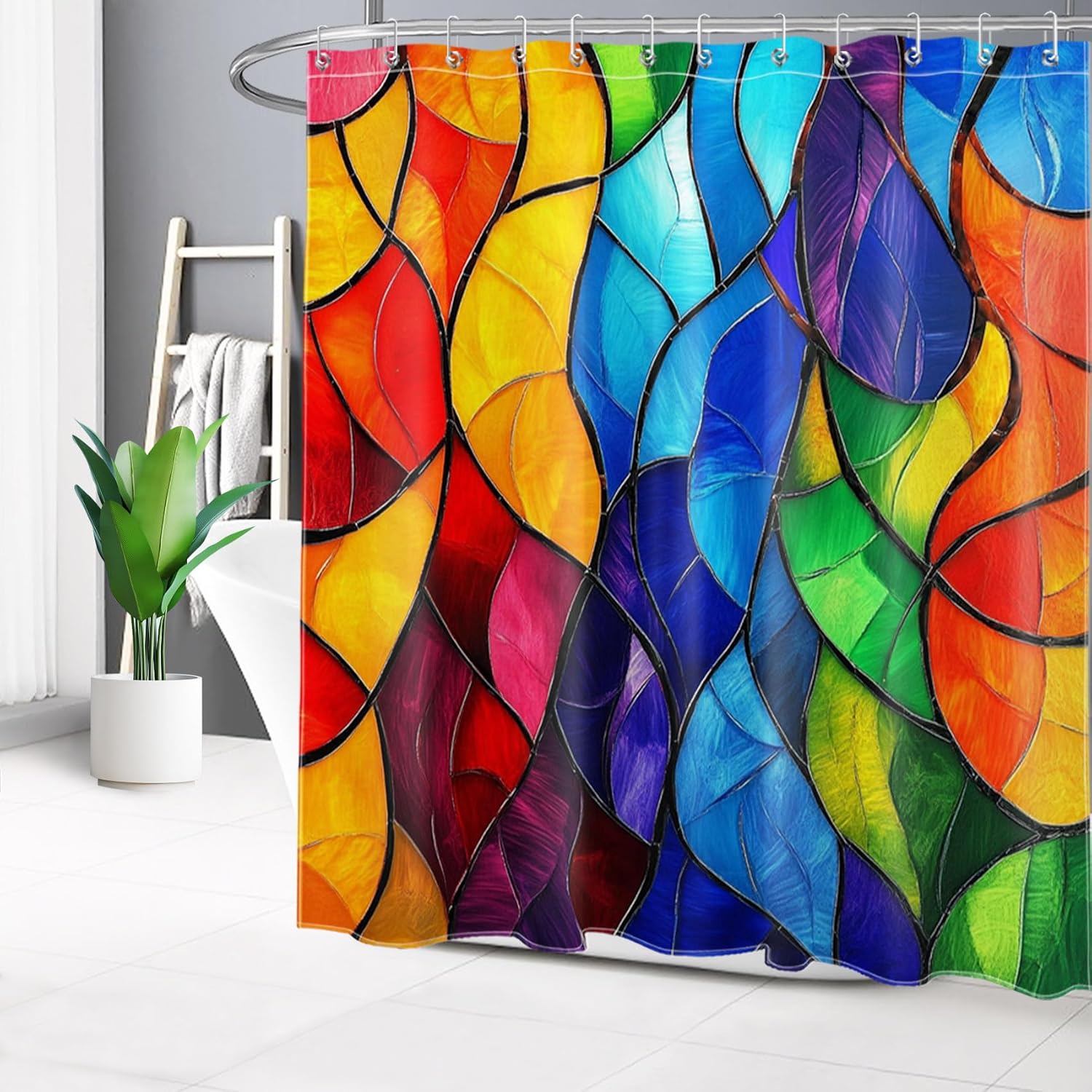 Colorful Stained Glass Shower Curtain Sets with Rugs, Red Yellow and Blue Rainbow Leaf Shower Curtain with Hooks, Vintage Stain Glass Bathroom Decorations, 70W X 70L inches