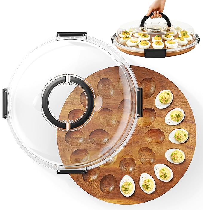 Deviled Egg Containers with Lid, 2026 Upgraded Wooden Deviled Egg Tray Platter with 24 Slots for Party and Home Kitchen, The Lid is Dishwasher Safe(Black)