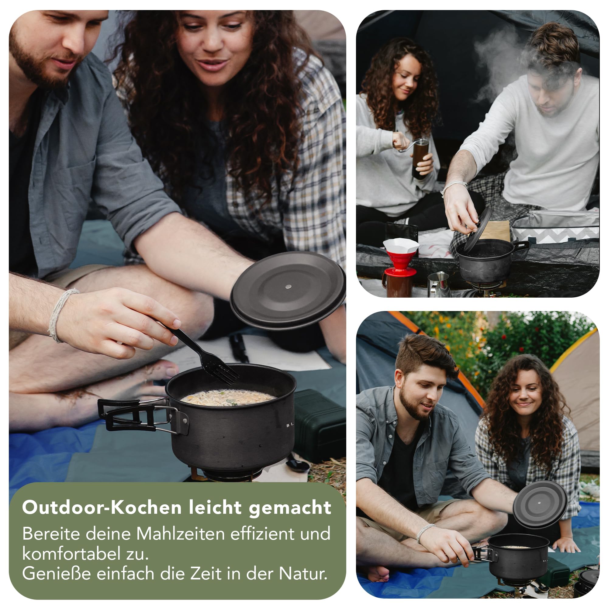 Camping Geschirr Set 10-teilig für 1-2 Personen - Kochgeschirr mit Topf Pfanne Kessel Becher Besteck und Zünder - Outdoor Kochset kompakt & leicht