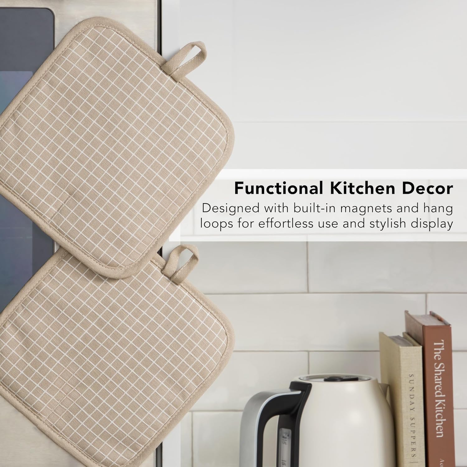 KITCHENAID Gourmet Series Gridlines Pot Holders 2-Pack Set, Heat Resistant up to 600°F, Soft Silicone Grip, Magnetic Cuff, Milkshake Tan, 8"x8"