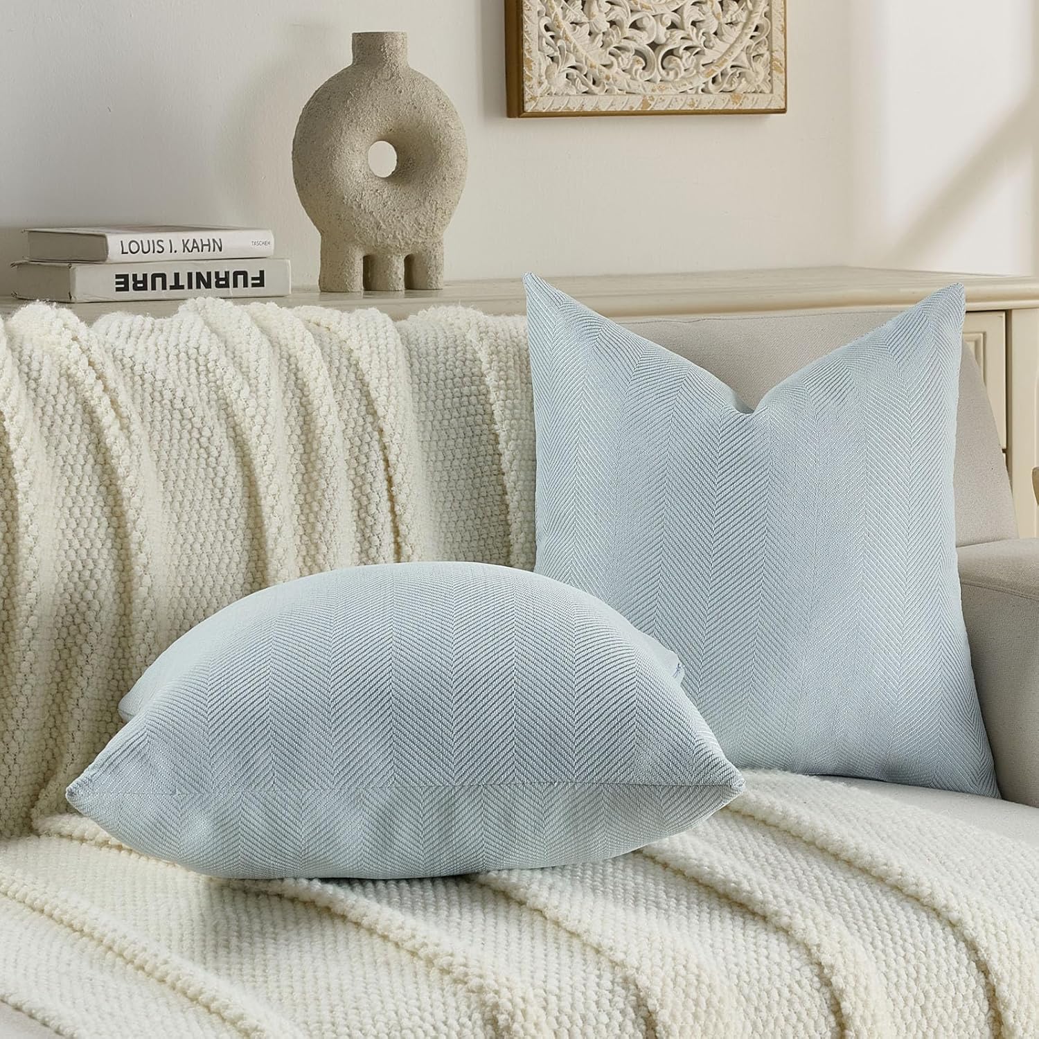 FUTEI Light Blue Chenille Throw Pillow Covers 26x26 Inch Set of 2,Soft Wide Chevron Textured Euro Pillow Shams,Farmhouse Home Decor for Couch Bed Living Room