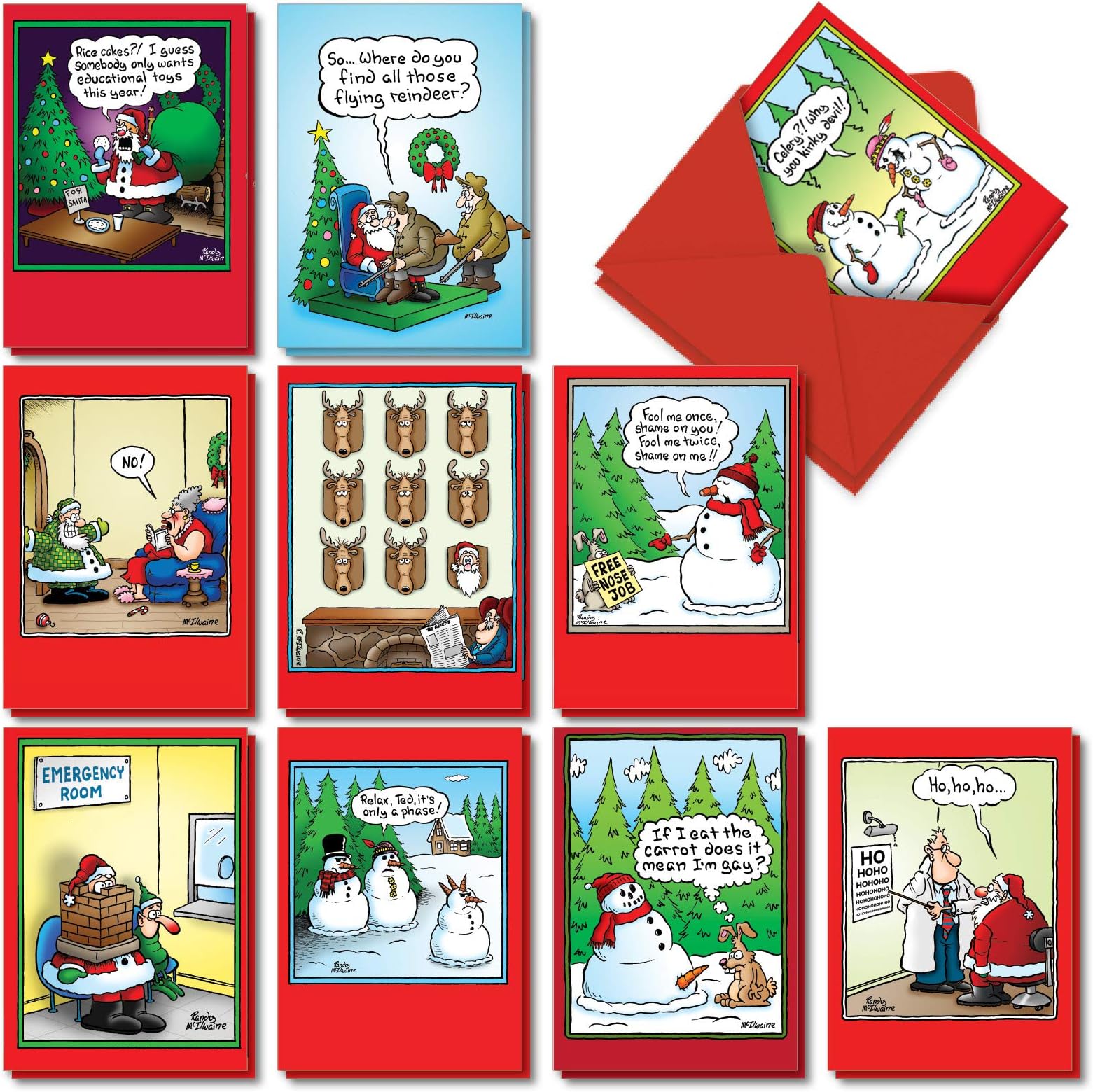 NobleWorks Variety Pack of 20 Funny Christmas Cartoons Greeting Cards with Envelopes, Humor Holiday Assortment for Men and Women (10 Designs, 2 Each) - Holly Jolly Rice Cakes AC5557XSG-B2x10