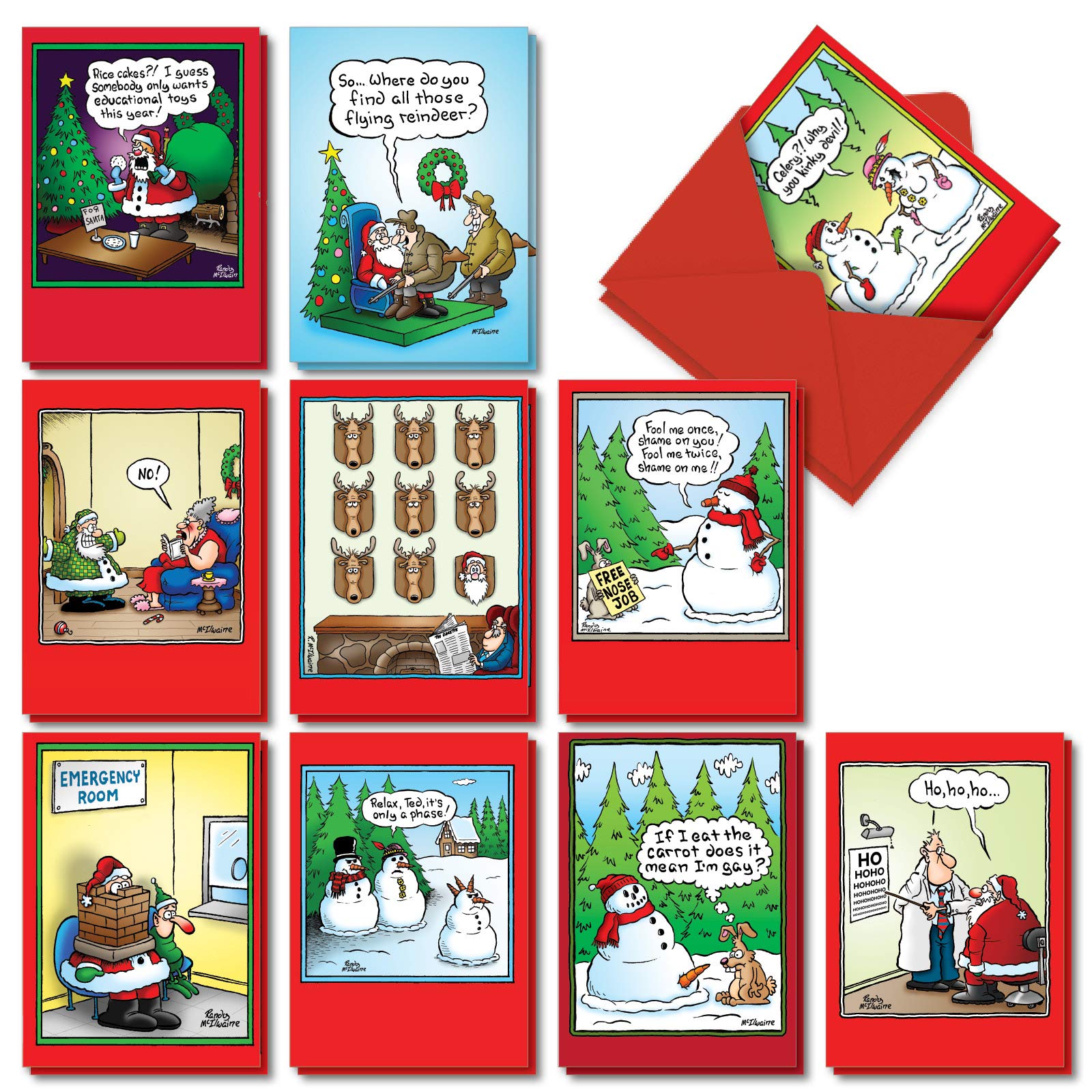 NobleWorks Variety Pack of 20 Funny Christmas Cartoons Greeting Cards with Envelopes, Humor Holiday Assortment for Men and Women (10 Designs, 2 Each) - Holly Jolly Rice Cakes AC5557XSG-B2x10