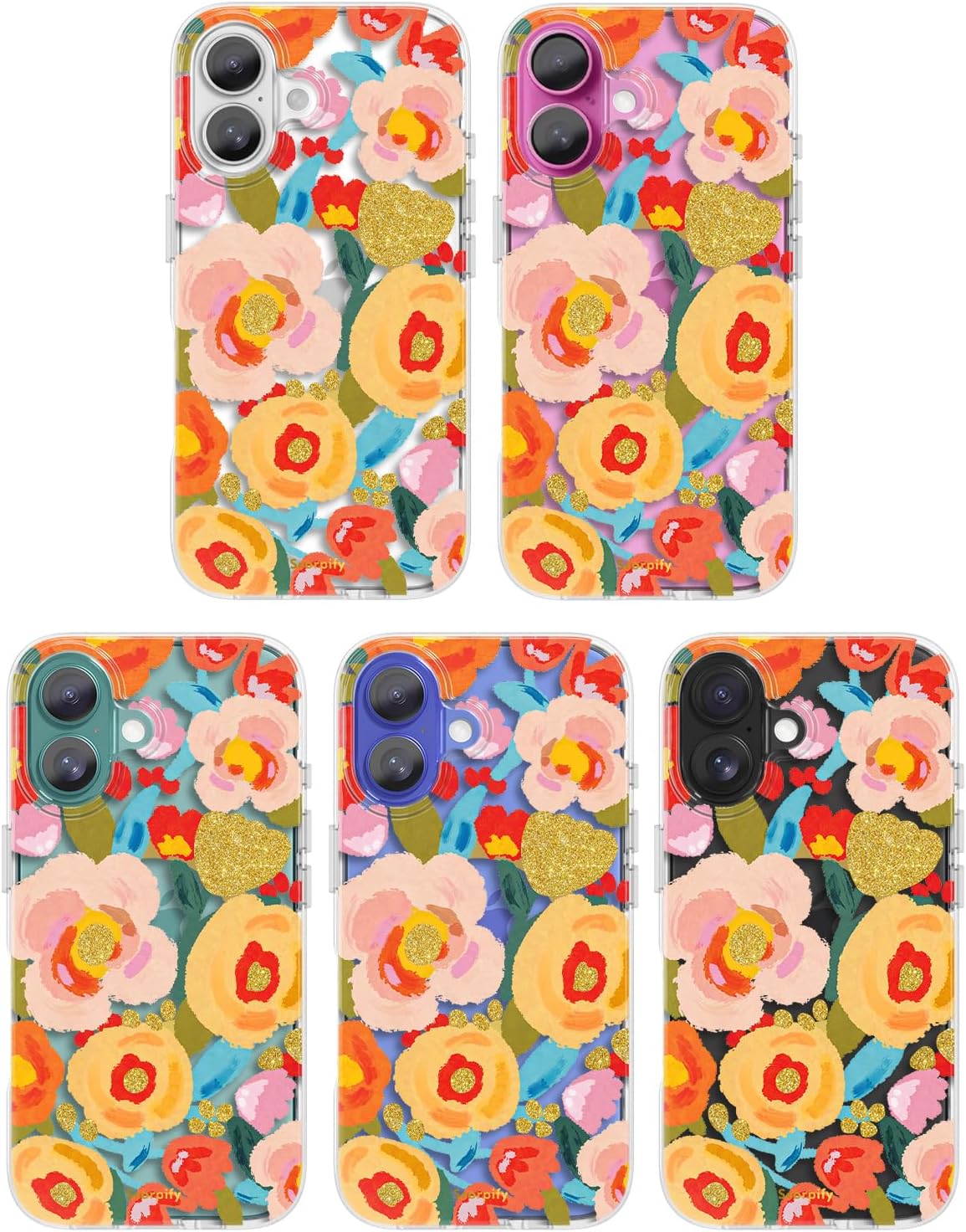 SCORPIFY for iPhone 16 Case [Compatible with MagSafe] with Heronsbill Floral Design, Cute Clear Flower Magnetic Phone Cover for Women Girls, Pink Slim Bumper with Gold Accents