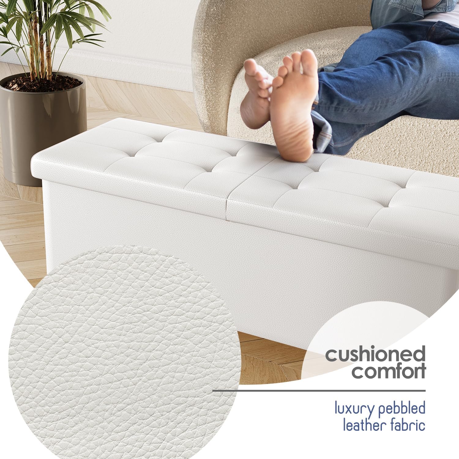 Storage Ottoman Bench with Bins, 43-in Storage Bench for Bedroom End of Bed, Folding Foot Rest Ottoman for Living Room Max 660lbs, Faux Leather Ottomans, Cream - Image 7