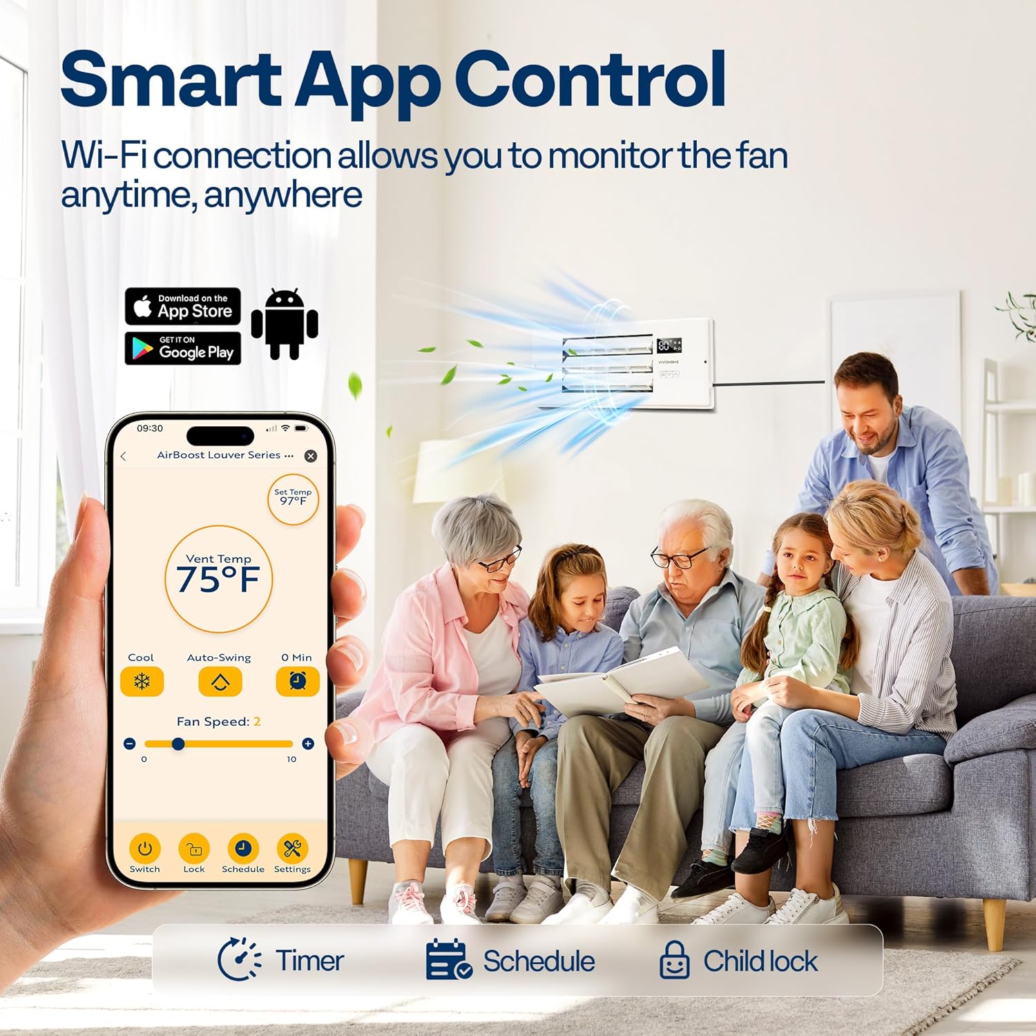 VIVOHOME Register Booster Fan - 4'' x 12'' Opening with Adjustable Louver - Smart Thermostat & 10-Speed WIFI App Control - AC Vent Fan for Floor, Ceiling, Wall - Quiet Operation (White)