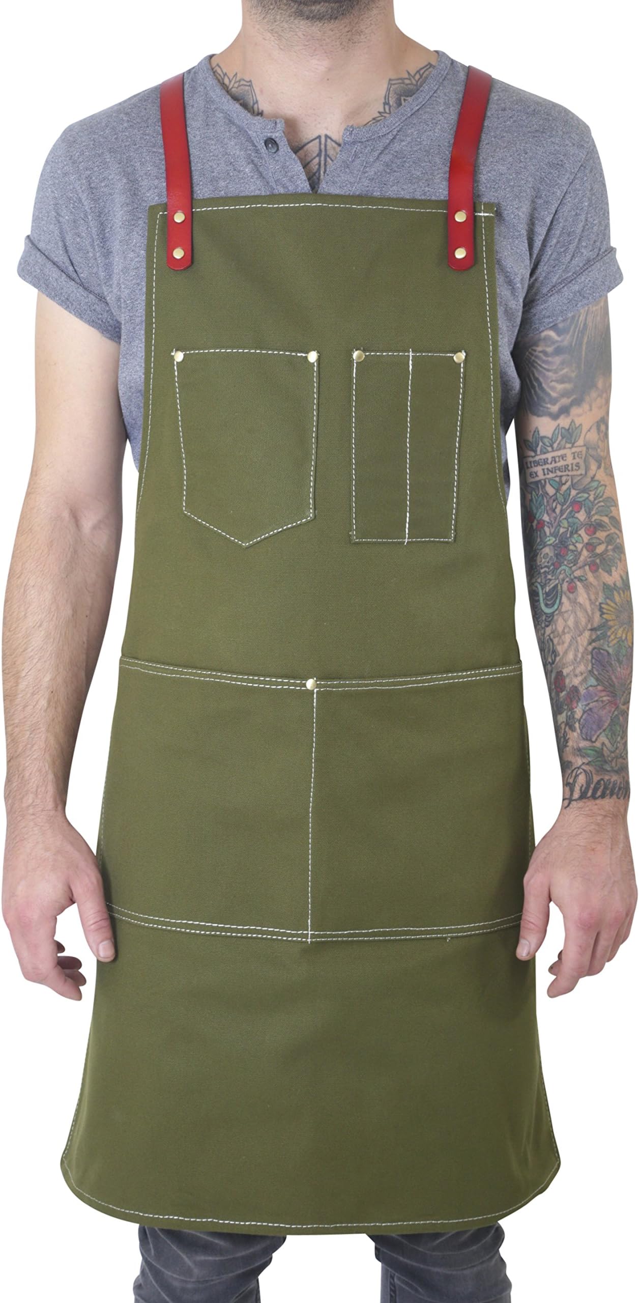 Canvas and Leather Utility Apron with Pockets - Green