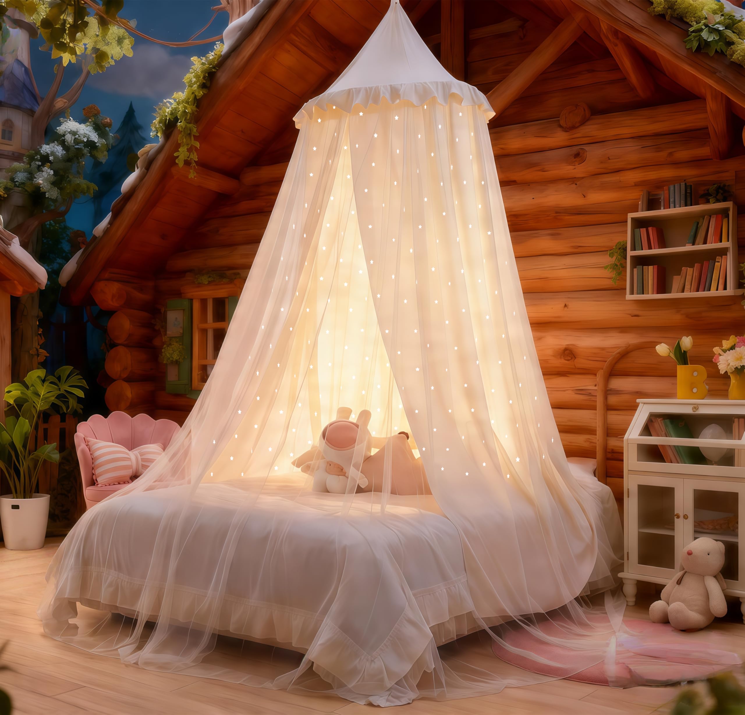 Eimilaly Princess Bed Canopy for Girls, Double Layer Canopy with Cutout Stars, Breathable Dream Canopy & Washable Purple Fabric, Fits Twin/Full Bed - Fairy Bed Tent for Kids Room Decor, White