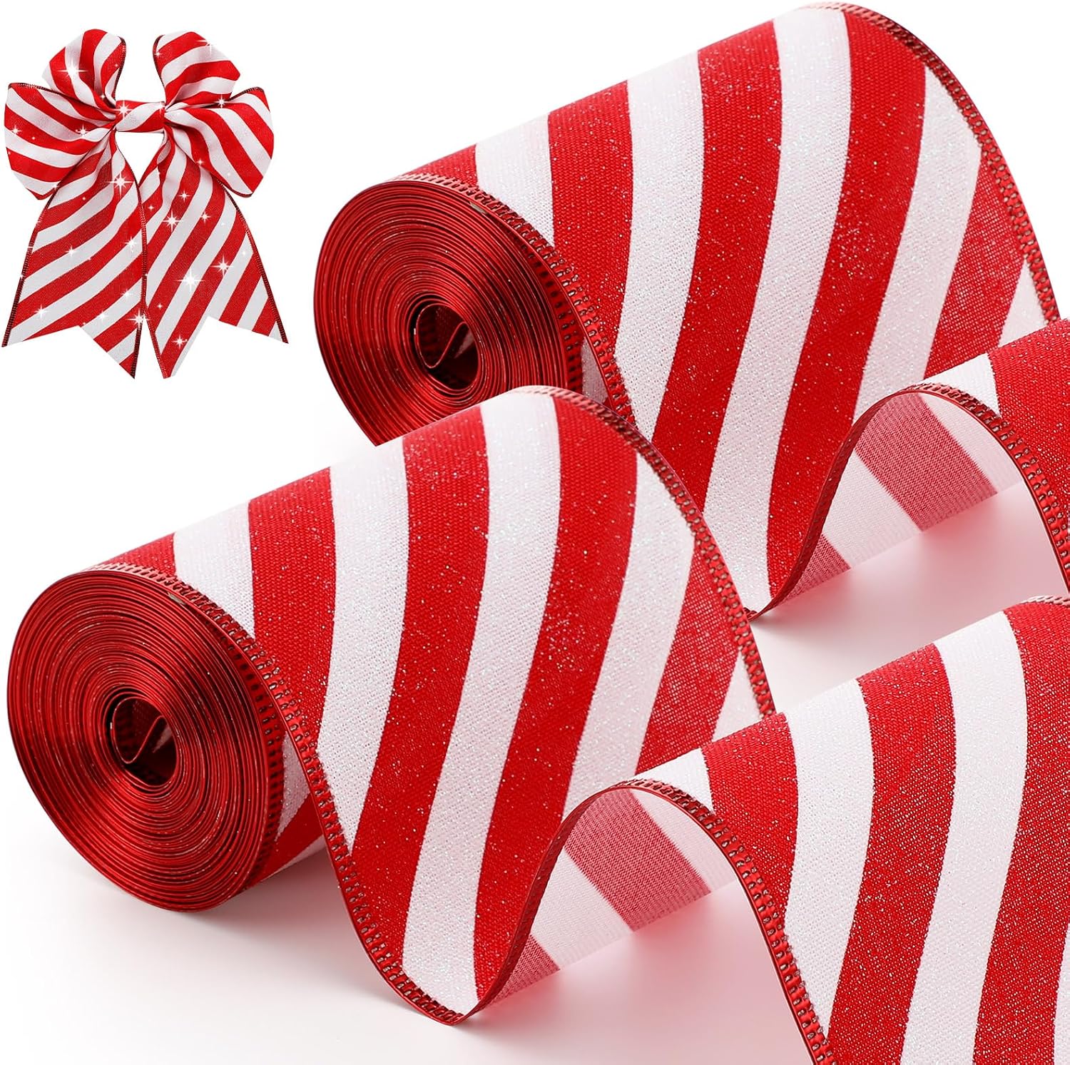 Waydress 2 Rolls Christmas Peppermint Stripe Ribbon Glitter Wired Candy Cane Fabric Wrapping DIY Craft Wide Ribbons for Christmas Tree Bow Wreath(2.5 Inch X 50 Yard)