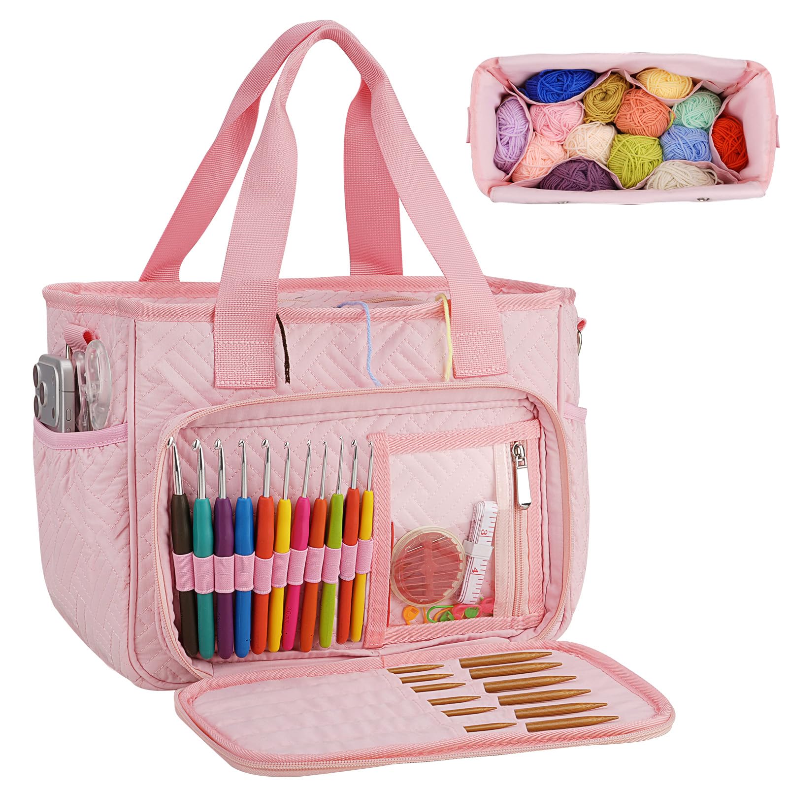 Dadanism Häkel Basteltasche, Strick Tasche, Garn Aufbewahrung Nähtaschen mit Griff & Schultergurt, Garn Aufbewahrung Organizer für Häkeln Stricker Häkelnadeln Stricknadeln Set Nähzubehör, Rosa