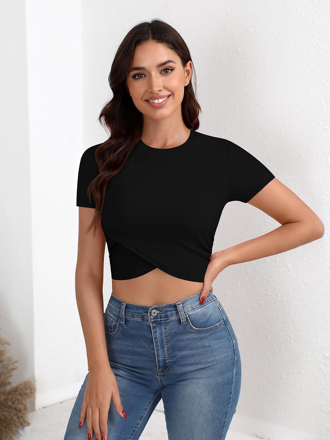 Laughido Wrap Crop Tops for Women Yoga Gym Slim Fit T Shirts