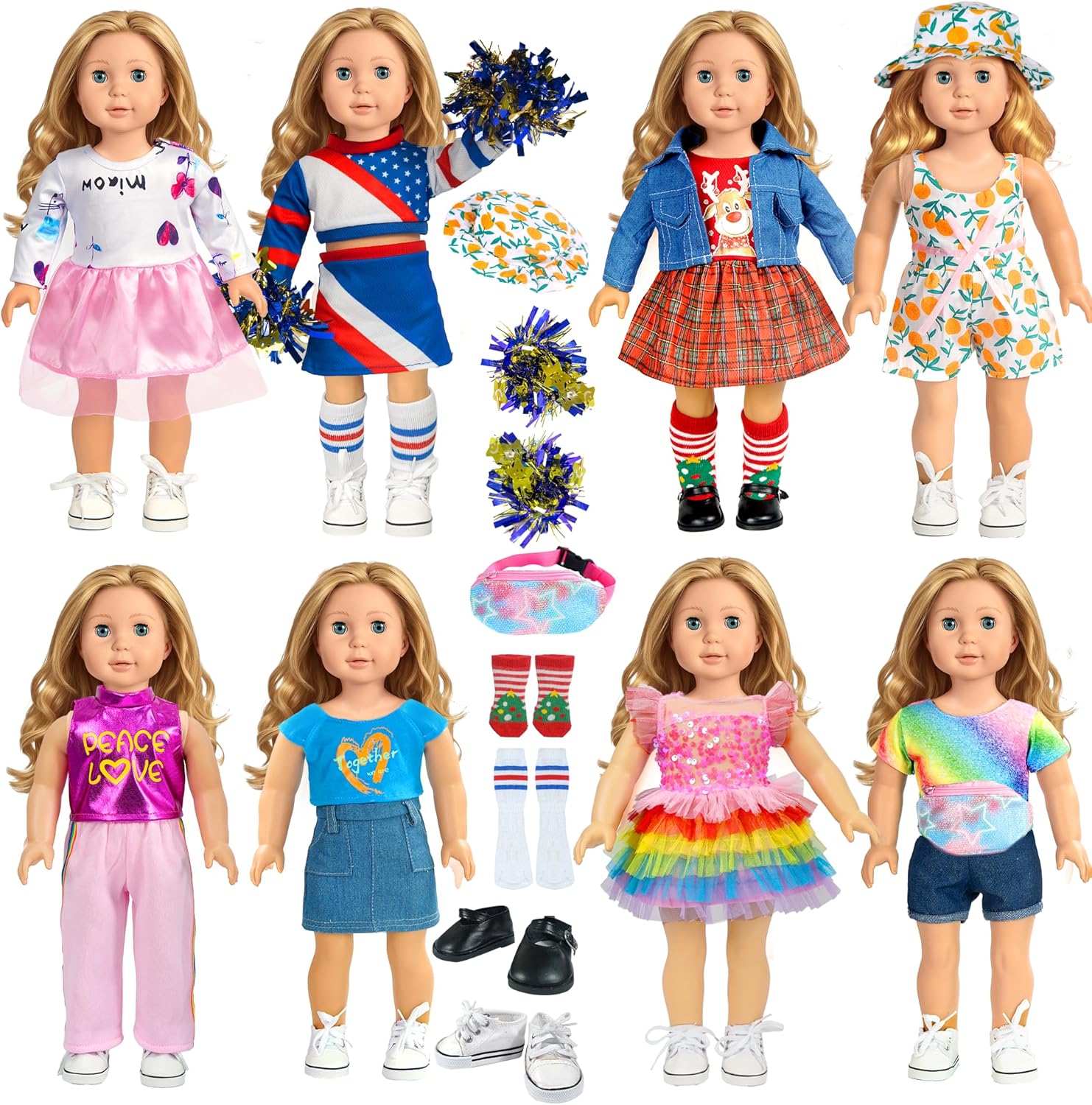 18-inch-Doll-Clothes-Accessories ARTST 18 Doll Accessories American Doll Clothing Dress Outfit Set with Hat Shoes Socks WaistBag, Valentine's Gift for Girls