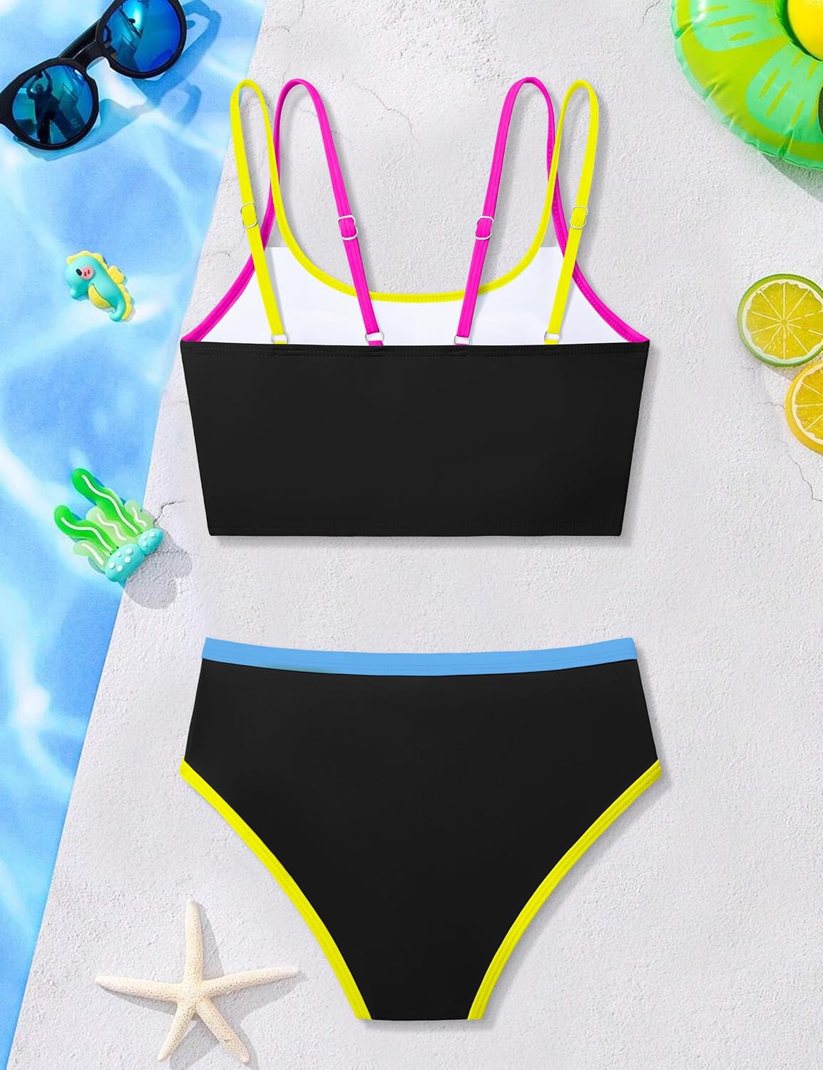 NECIOUS Girls Swimsuit 2 Piece Bikini Sets Cute Color Contrast Trim Bathing Suit with Chest Pad Girls' Swimwear 9-16Y - Image 7