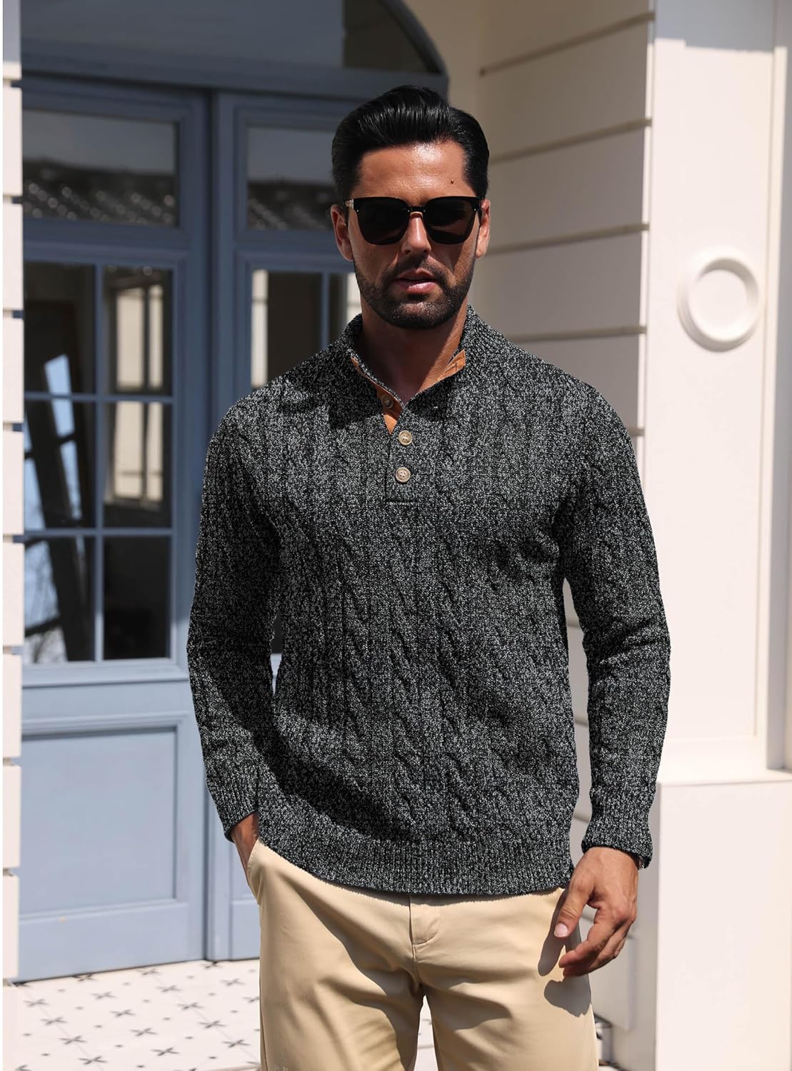 Askdeer Men's Cable Knit Pullover Sweater Stand Collar Button Classic Casual Sweaters Henley Knitted Pullover - Image 2