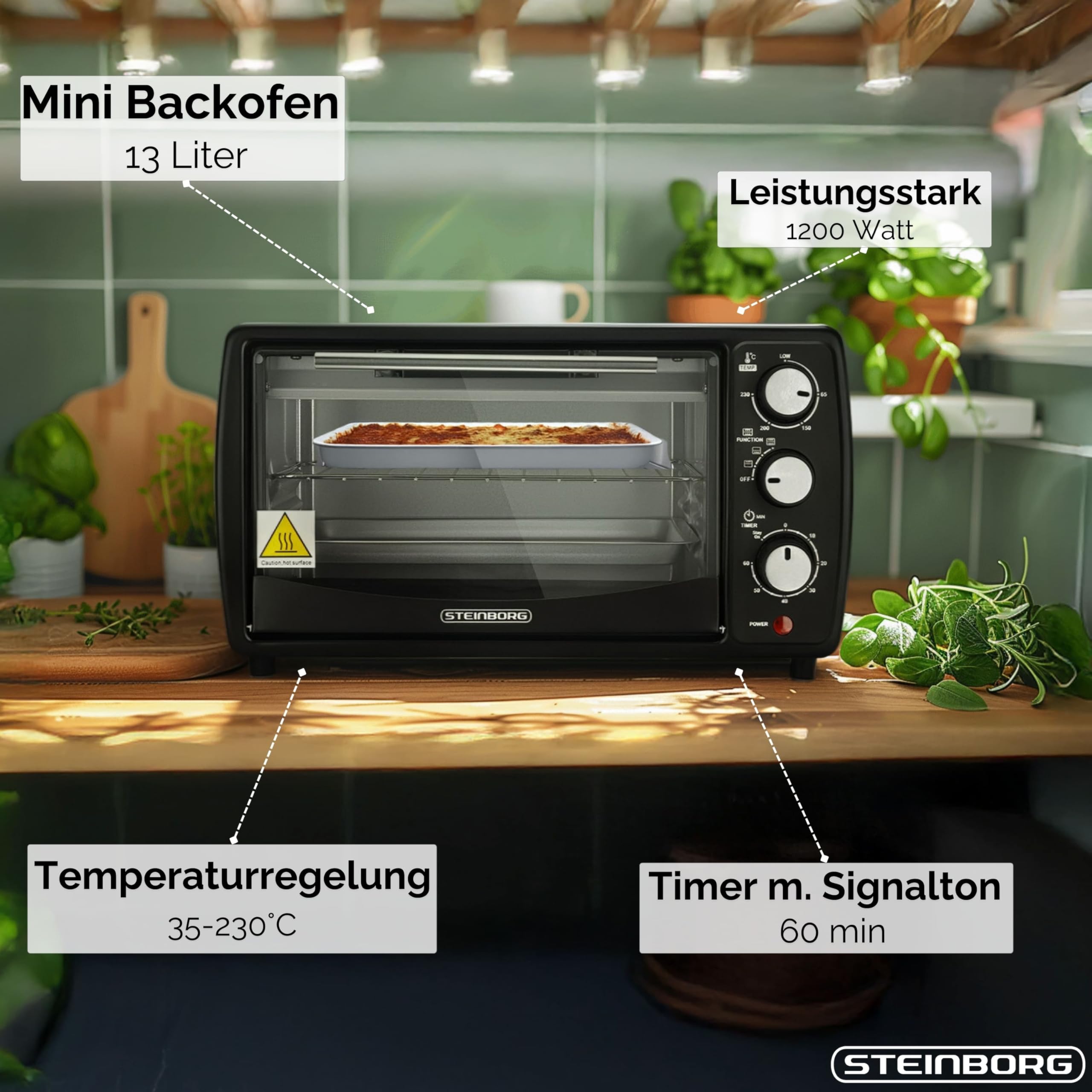 Steinborg Mini Backofen 13 Liter | Pizzaofen | 60°-250°C | Timer | aufklappbares Krümelblech | Minibackofen | Backofen | Kleiner Backofen | 900 Watt