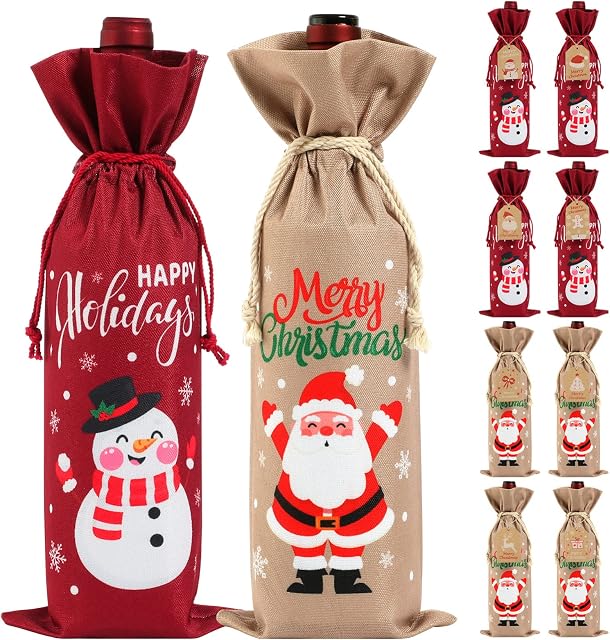 Luxshiny 10pcs Wine Bottle Bags, Christmas Burlap Wine Bags, Wine Bottle Cover with 12pcs Tags and Drawstrings for Christmas Party Housewarming Tastings