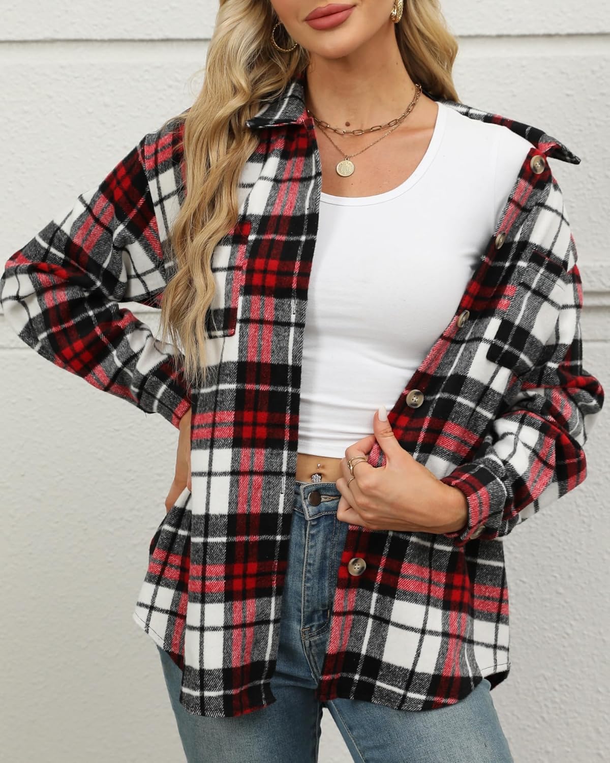 Blansdi Womens Flannel Shacket Plaid Button Down Long Sleeve Shirts Jacket Coats Fall Outfits Fashion Clothes 2025 - Image 3