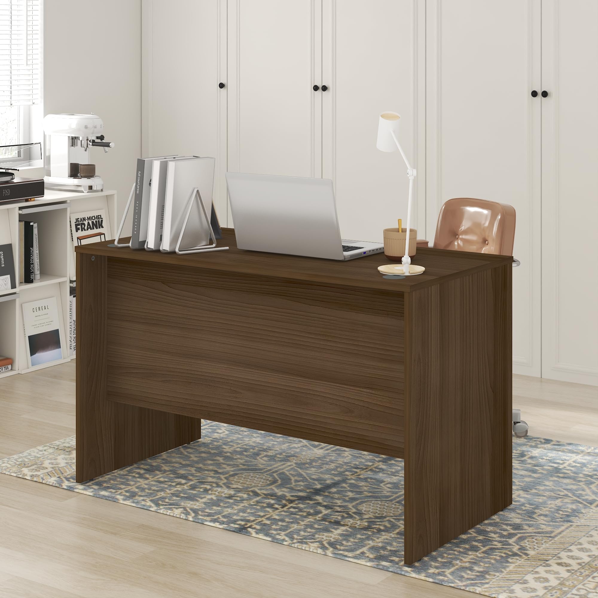 Furinno Roger Computer Desk, 47 Inch Rectangular Executive Desk with Modesty Panel, Home Office Desk with Thick Tabletop, Scratchproof, Credenza, for Home Study, Office, Modern Walnut