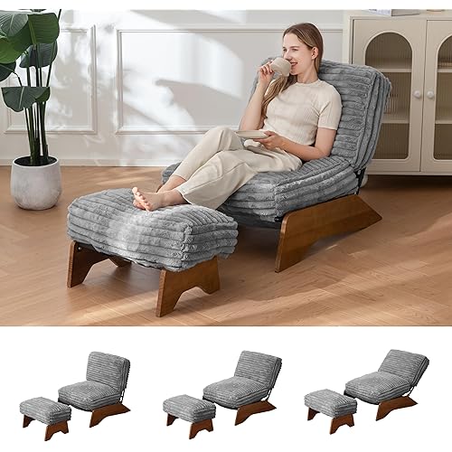 MAXYOYO Modern Adjustable Accent Chair with Ottoman, Upholstered Living Room Chair with Footrest Set, Soft Reclining Lounge for Bedroom, Apartment, Office, Grey