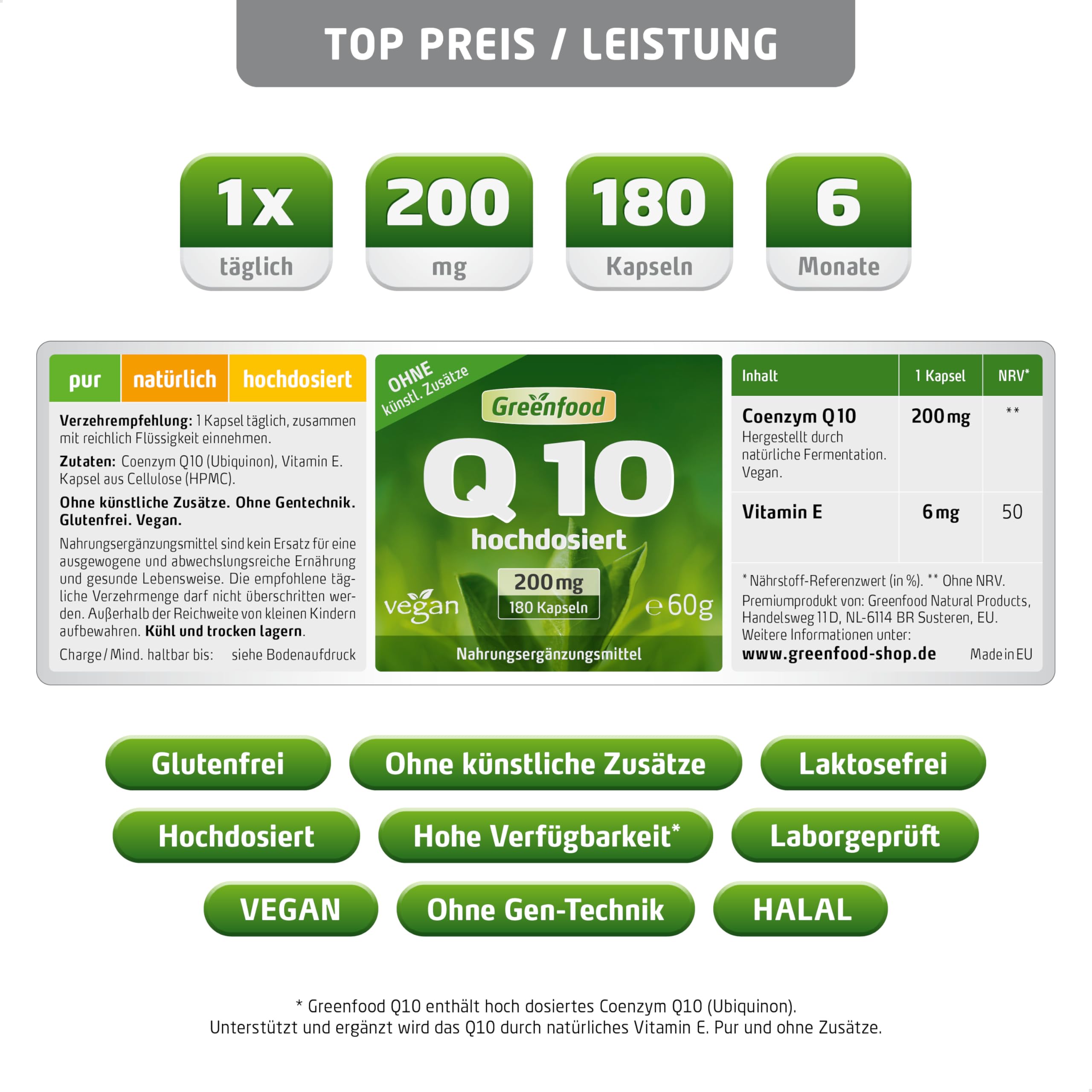 Q10, 200 mg, extra hochdosiert, 180 Kapseln - OHNE künstliche Zusätze | Coenzym Q10, Gewonnen durch natürliche Fermentation, Hohe Bioverfügbarkeit, Laborgeprüft, Halal, Vegan