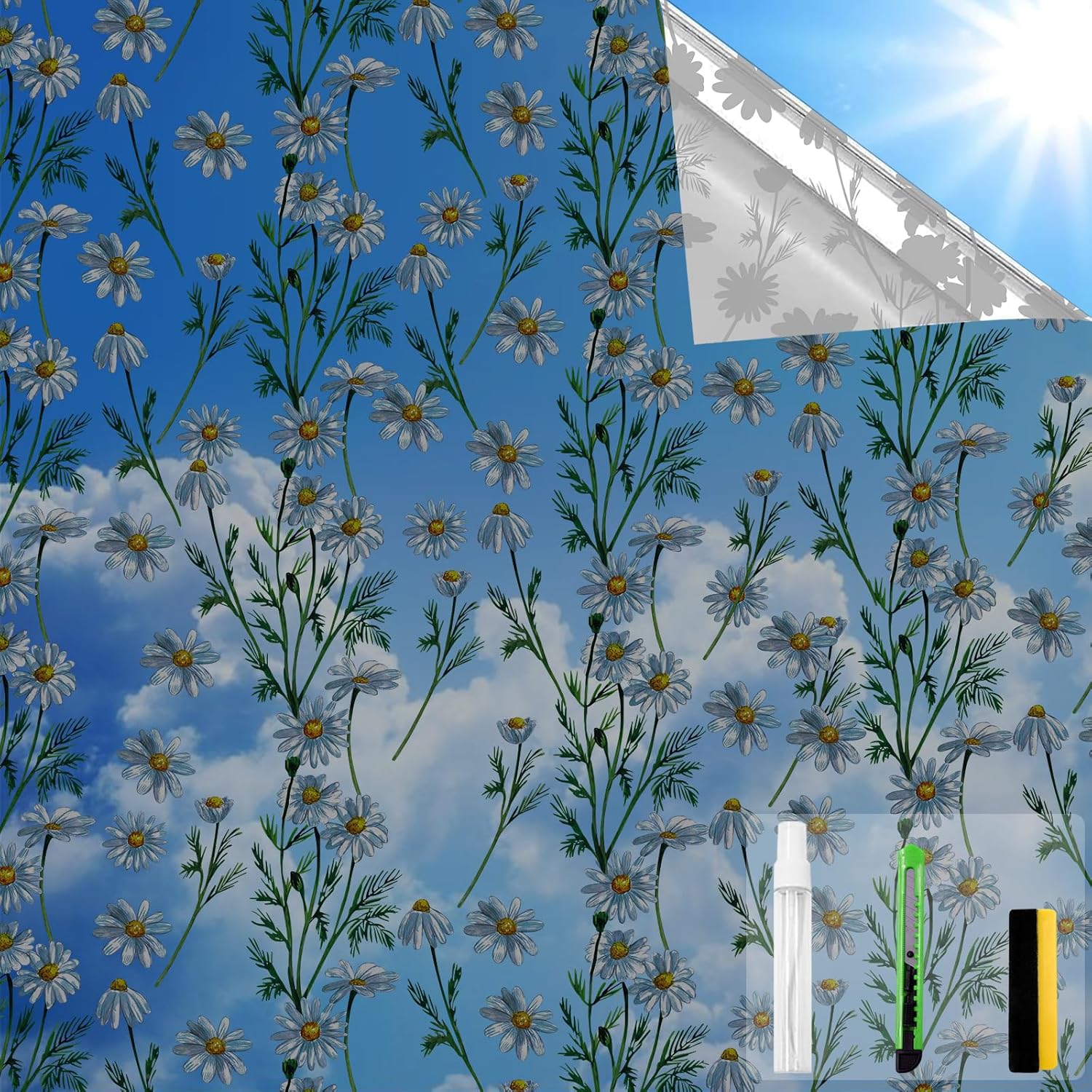 One Way Privacy Film, Window Tint for Home,Daytime Reflective, Anti UV Static Cling Sliding Door Coverings No Glue Garage Solar Paper (Black - Silver-Daisy, 35.4X 78.7 in) Black Silver-daisy 35.4 in X 78.7 in