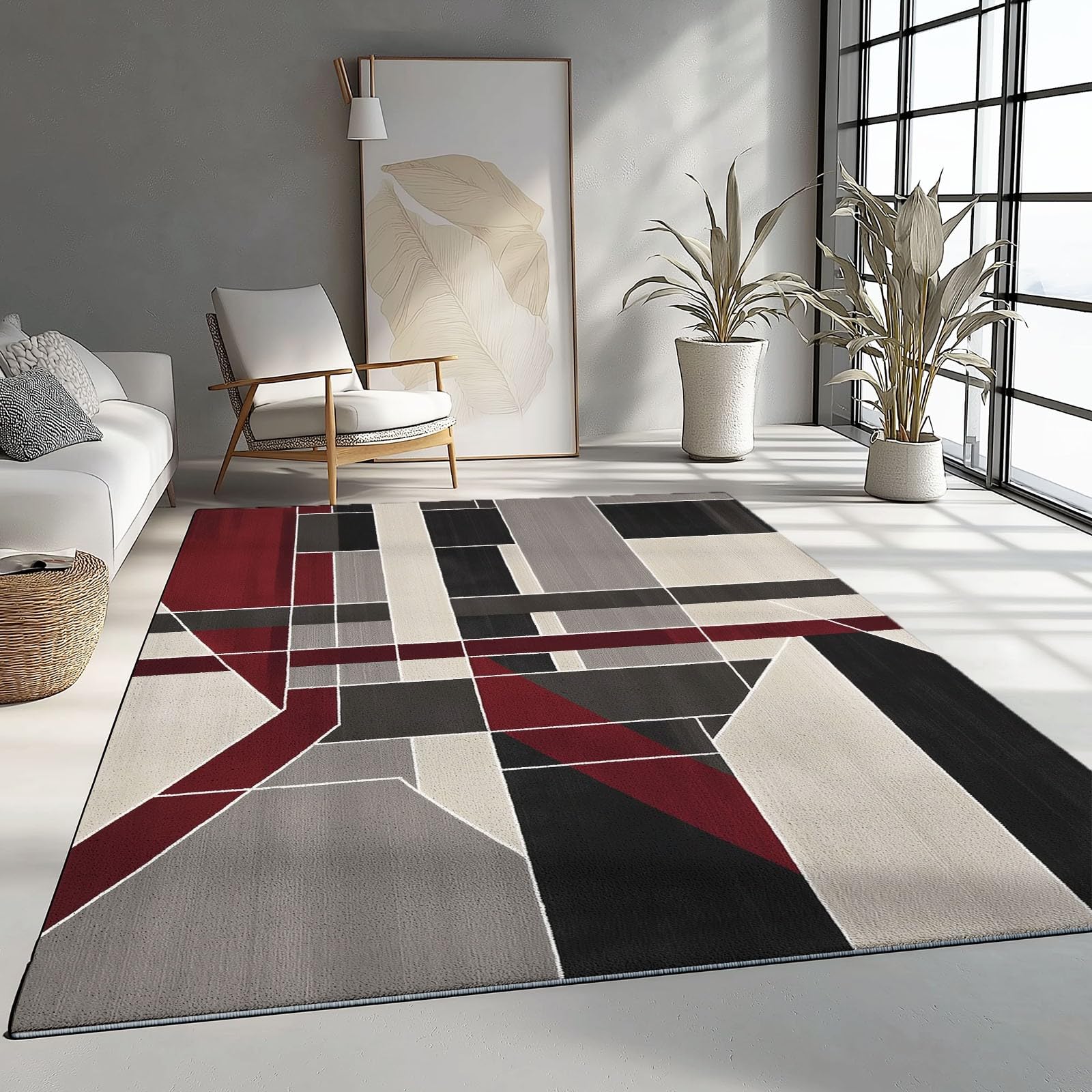 Nowoczesny geometryczny dywan o wymiarach 100 x 150 cm, antypoślizgowy, zmywalny, z krótkim włosiem, do salonu, sypialni, przedpokoju, jadalni, kolorowy wzór blokowy