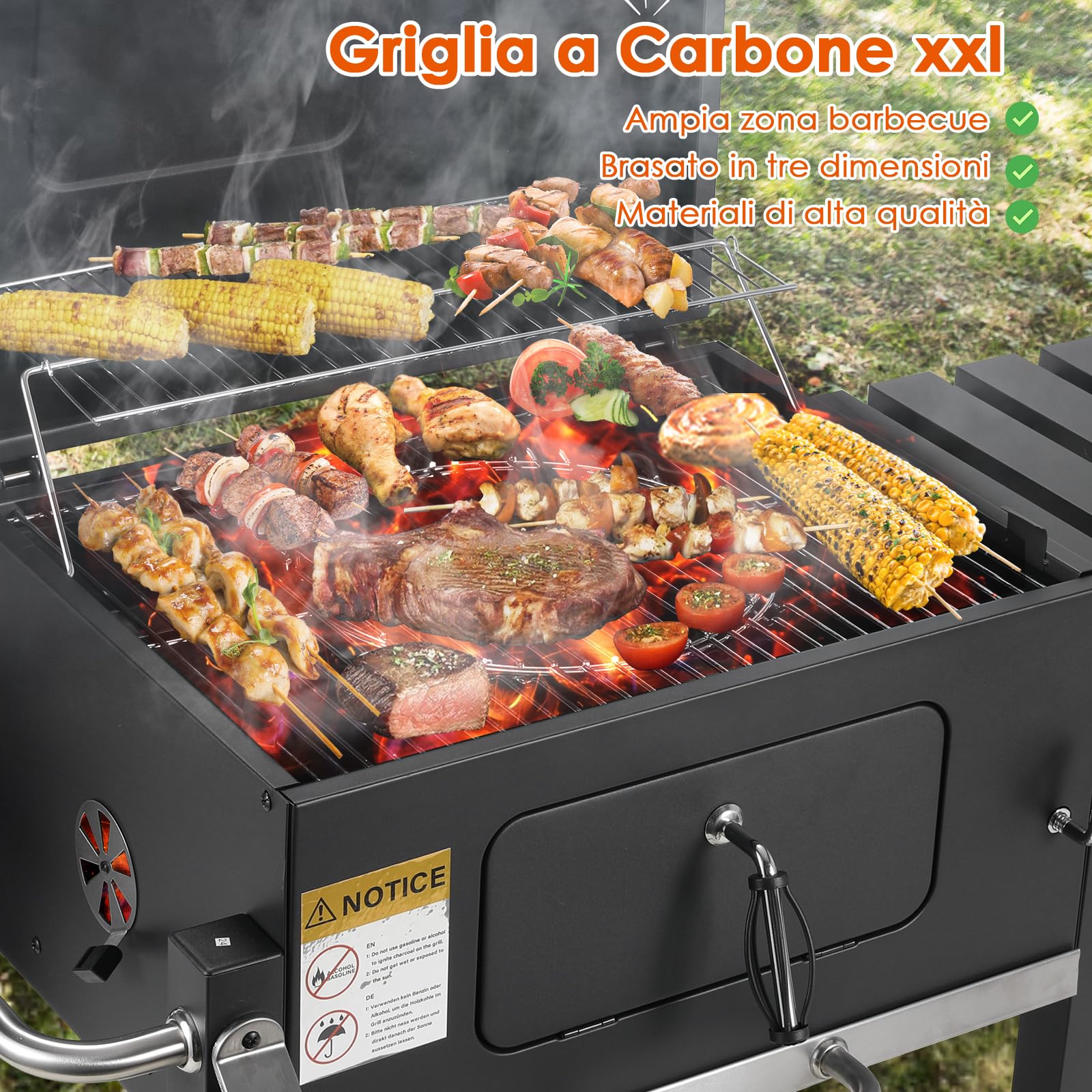 Barbecue a Carbone, XL Barbecue a carbonella con Ruote, Griglia per Barbecue con Coperchio, BBQ Carbonella in Giardino e all'aperto, Grande capacità, Nero, 116,3x105,5x55,7 cm Barbecue carbonella