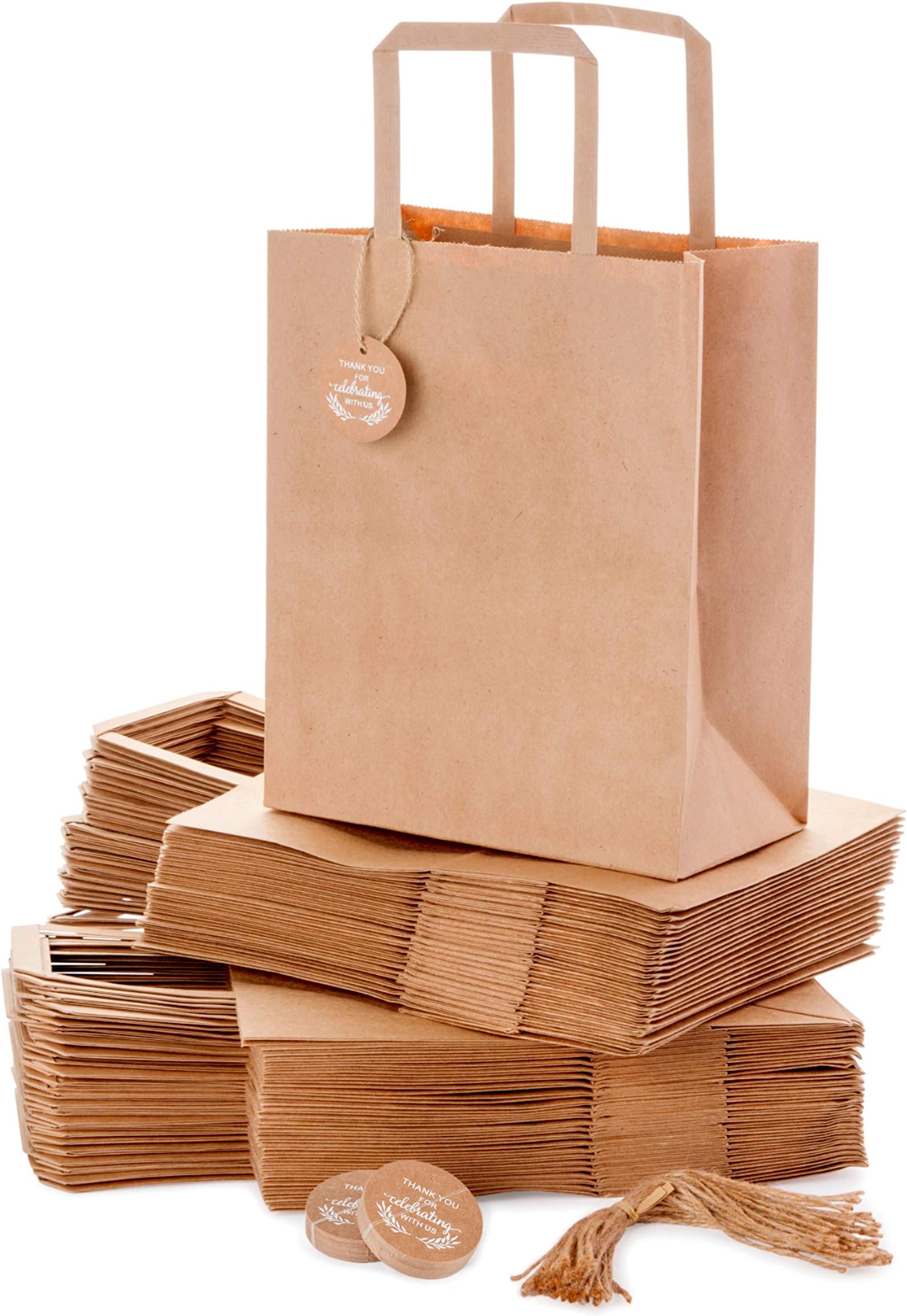 OSpecks Brown Kraft Paper Gift Bags with Thank You for Celebrating with Us Tags for Wedding, Reception, Birthday, Event, Reunion, Qty 50 Pcs, Medium 8x4.75x10 Inches, Set Includes 50 Tags and Strings