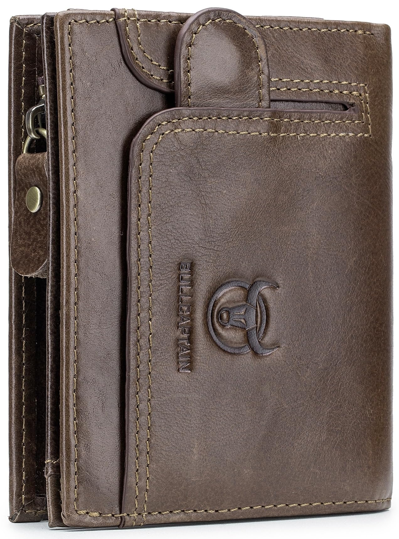 BULLCAPTAIN Men RFID Blocking Bifold Wallet Genuine Leather Card Holder Zipper Coin Purse(Brown with zipper)