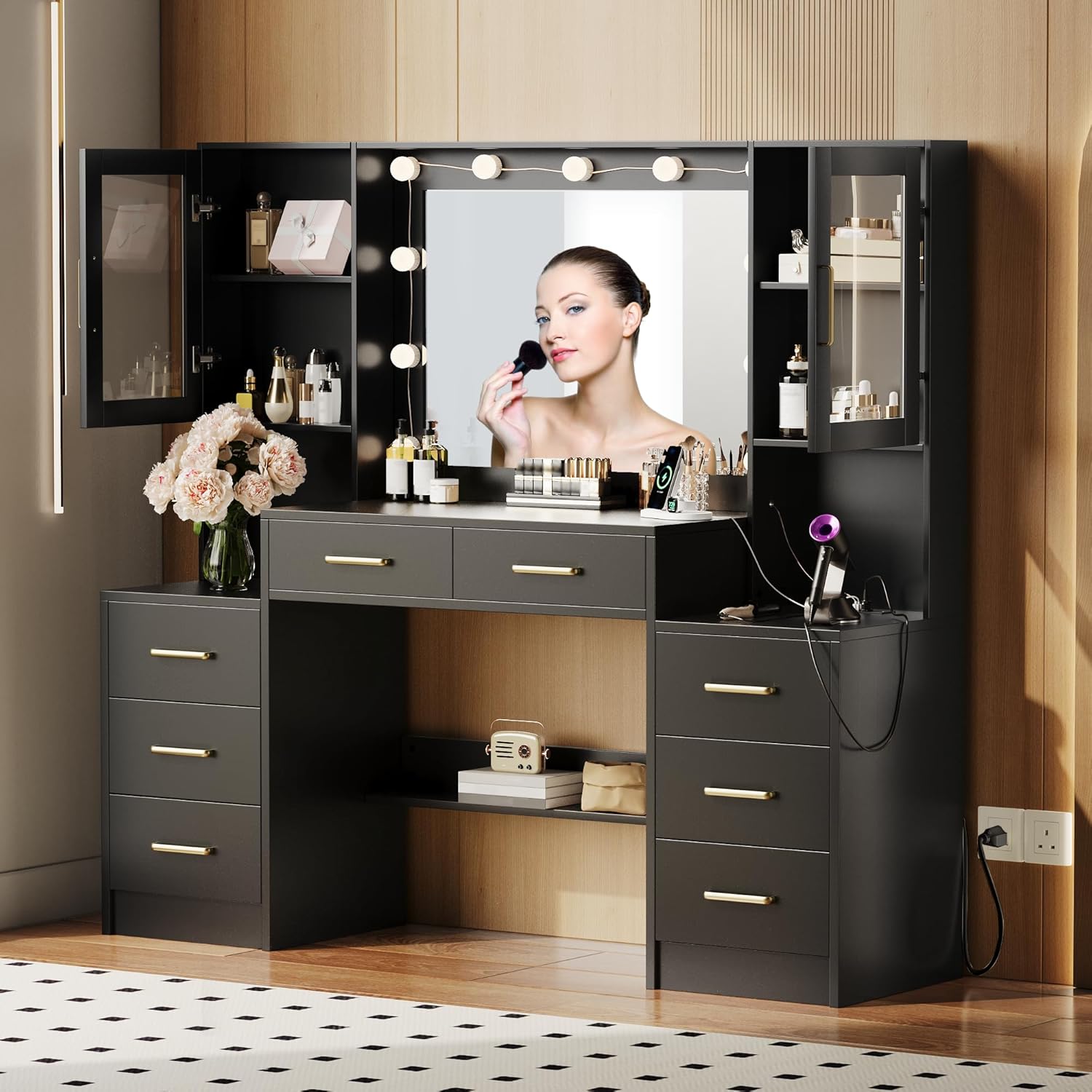 Black Vanity Desk with Mirror, Lights & Charging Station, 58.3" 3 Lighting Modes Makeup Desk with 8 Drawers, 2 Cabinets and Lots Storage, Dressing Table Vanity Set with Lighted Mirror