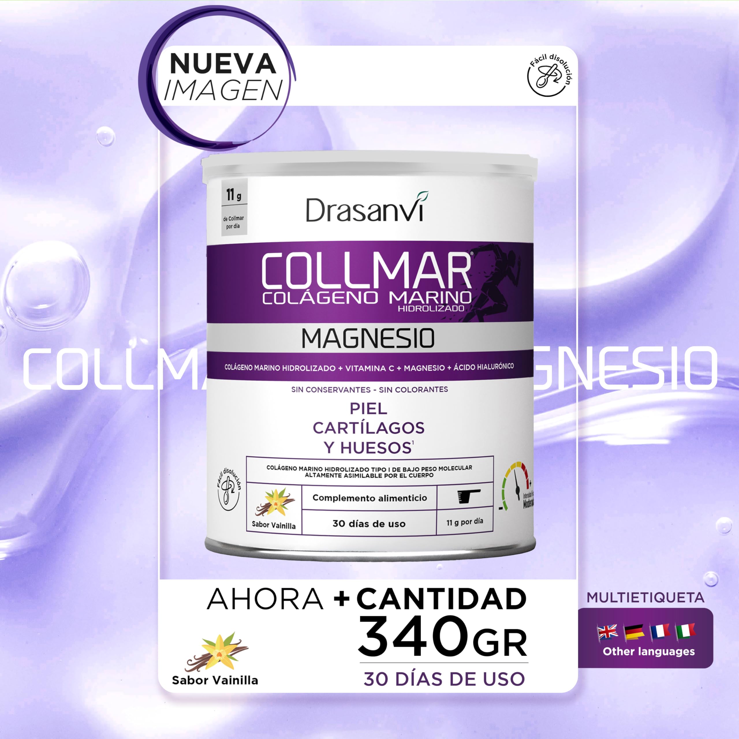 DRASANVI COLLMAR COLAGENO HIDROLIZADO con Ácido Hialurónico, Magnesio y Vitamina C Natural - Huesos, Articulaciones y Piel - Colágeno Marino 9.717 mg/día | 2 X 340 GR = 60 días | Sabor Vainilla