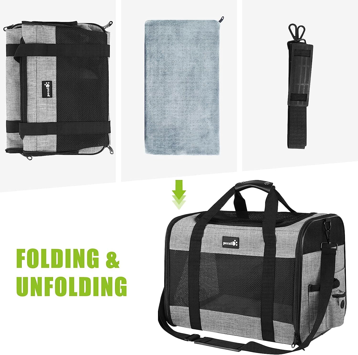 Pecute Bolso Transportín Gatos y Perros Carga Máxima 6 kg,Transporte Transpirable para Mascotas, Portador de Viaje con Correa de Hombro Ajustable, Transporte de Gato con Colchón Suave