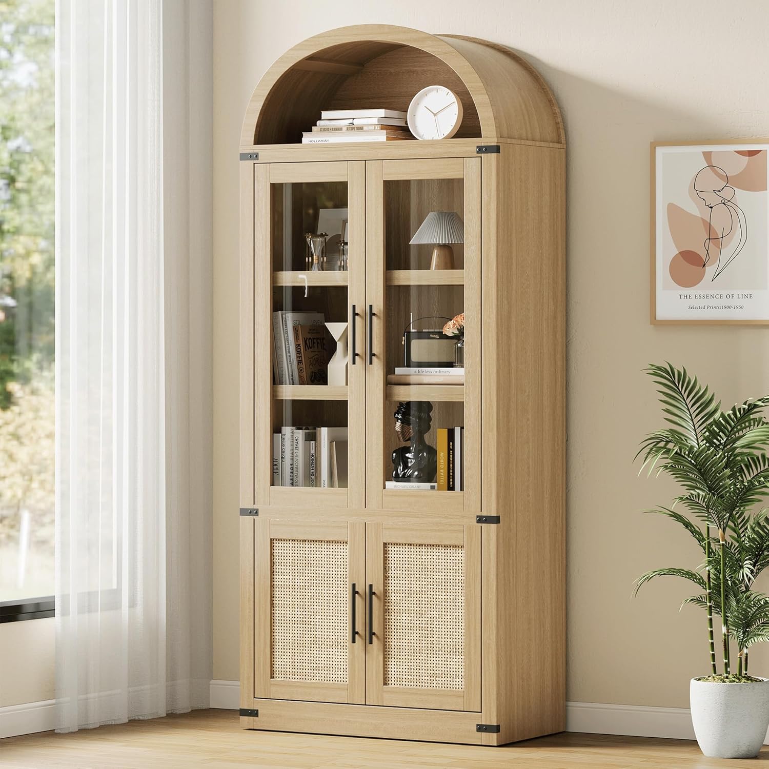 GarveeHome Arched Bookcase with Doors Modern 6-Tier Bookshelf with Storage Wooden Display Cabinet Farmhouse Storage Shelves for Living Room, Kitchen, Office