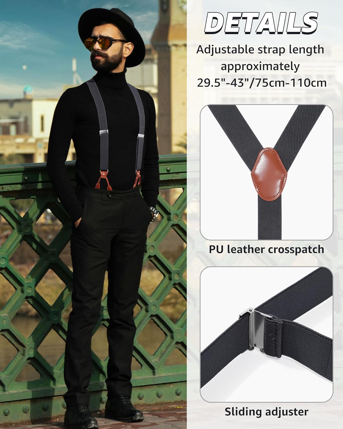 Kajeer Button End Suspenders for Men, Y-Back Adjustable Elastic Heavy Duty Suspender 1.3 Inches Wide with 8 Buttons - Image 4