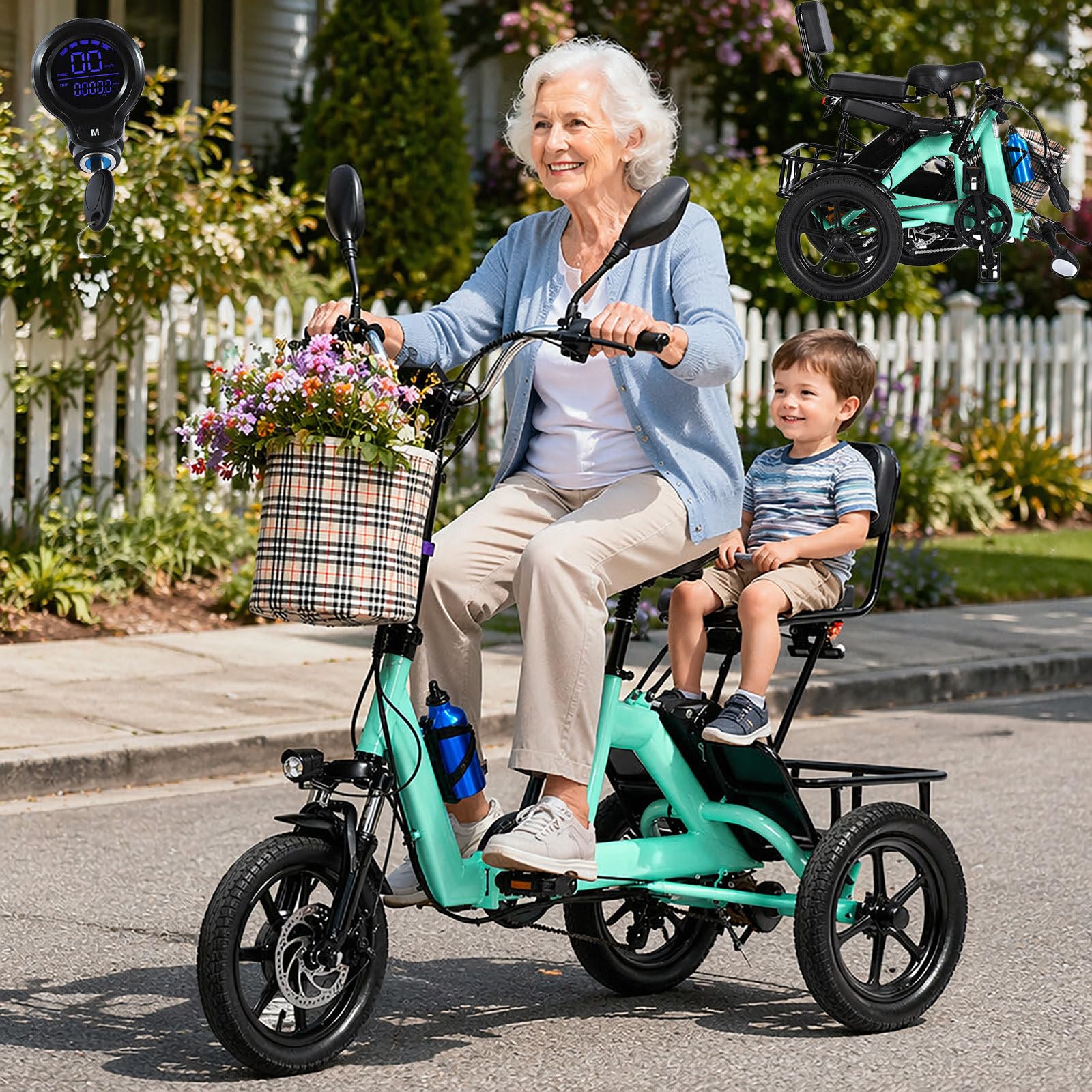 Triciclo Elettrico Pieghevole 14 Pollici Adulti Anziani 2 Posti 3 Ruote Bicicletta con LED Anteriore Posteriore Cestino Display LCD Uomo Donna Trasporto Cargo Urbano Quotidiano Green