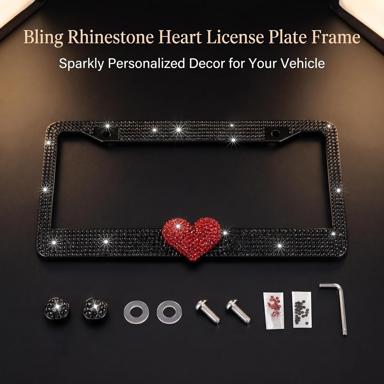 Fashion Romantic Black Frame Red Heart Crystal Rhinestone License Plate Frame, Exclusive Bling License Plate Holder, Weather Proof License Plate Cover for Women (1 Frame)
