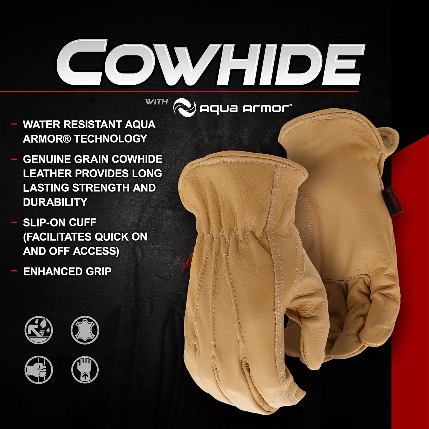 Boss Men's AquaArmor Durable Cowhide Leather Work Gloves