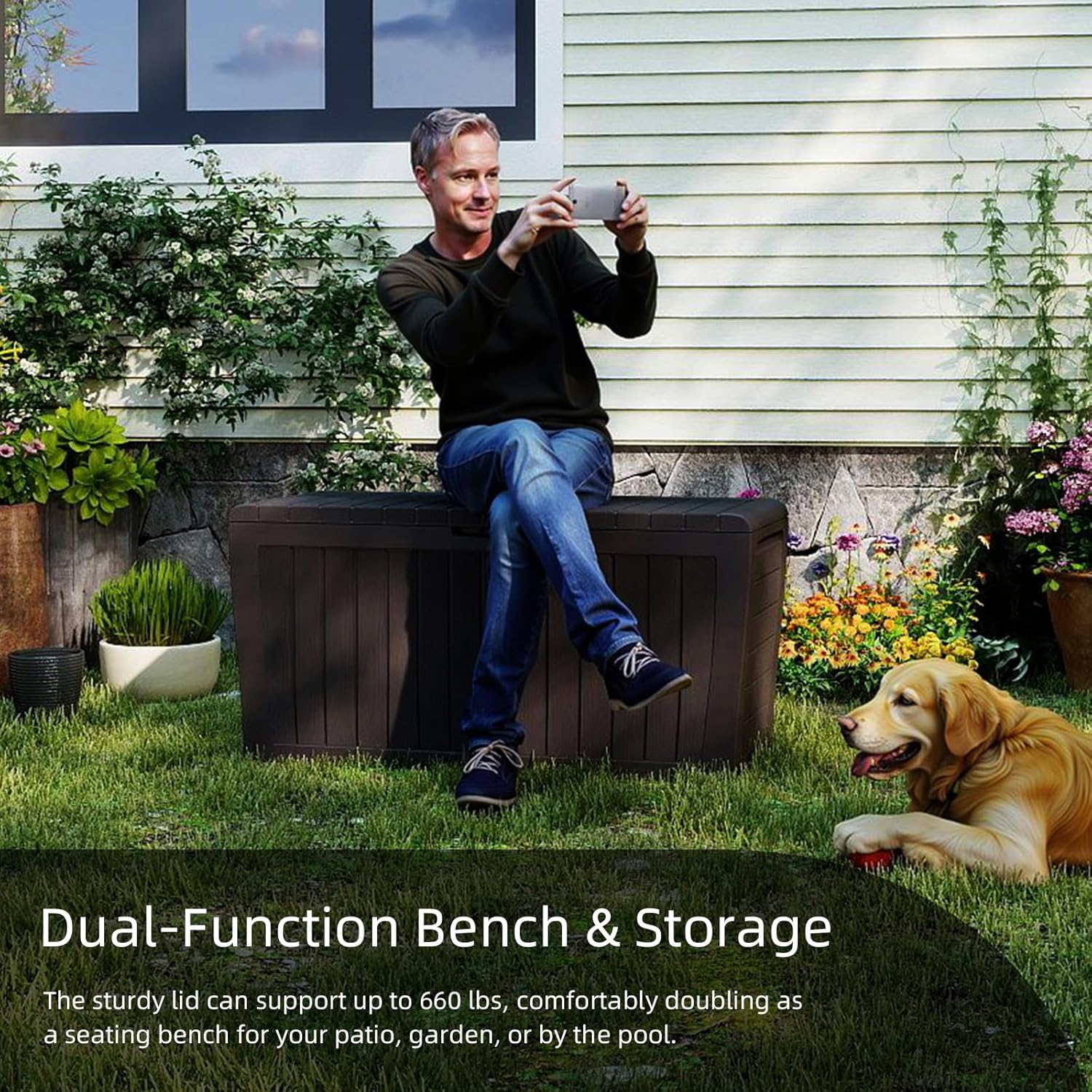 71 Gallon Resin Deck Box，Outdoor Storage Box, Waterproof Lockable Large Storage Bench for Patio Furniture, Pool Accessories & Garden Tools, Brown